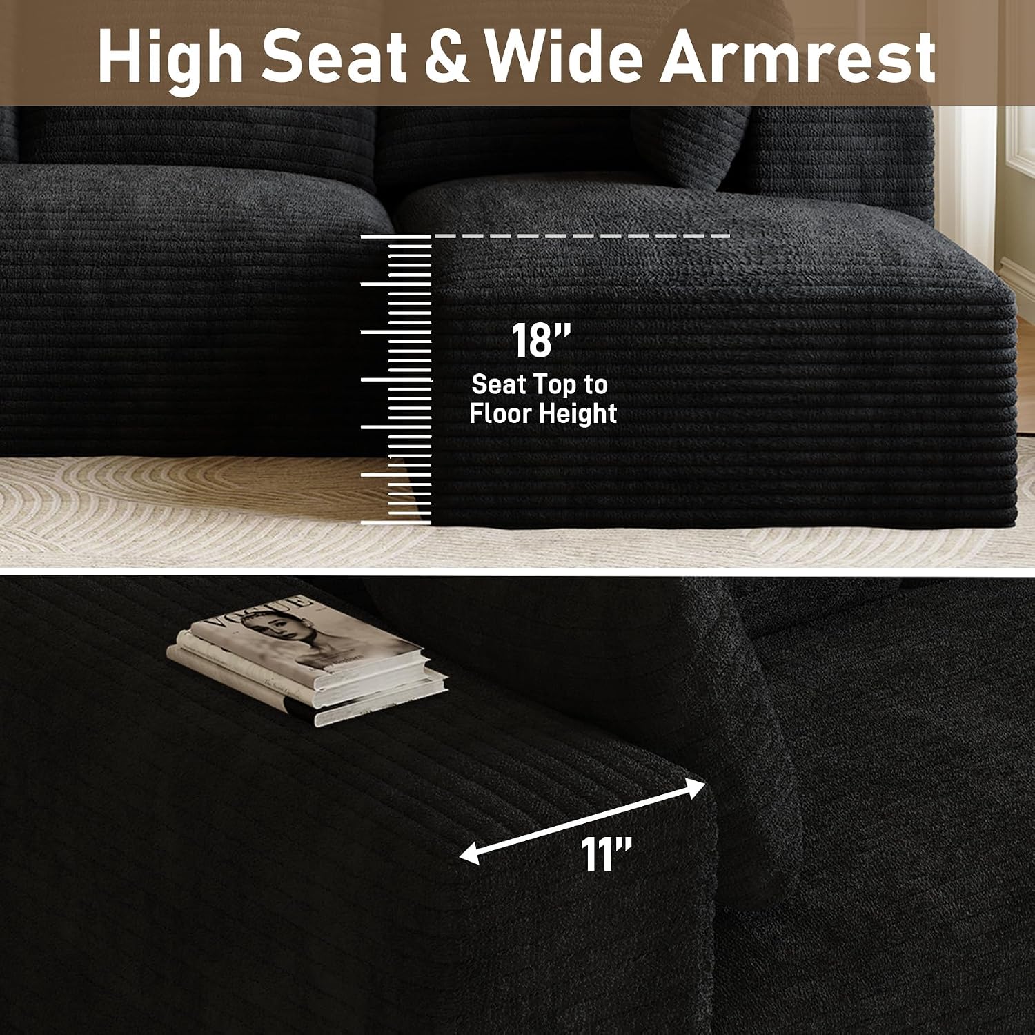 107' L-Shaped Boneless Sectional Couches for Living Room, Comfy Corduroy Fluffy Cloud Couch, Deep Seat Memory Foam Plush Modular Sectional Sofa with Right-Facing Chaise, No Assembly, Black