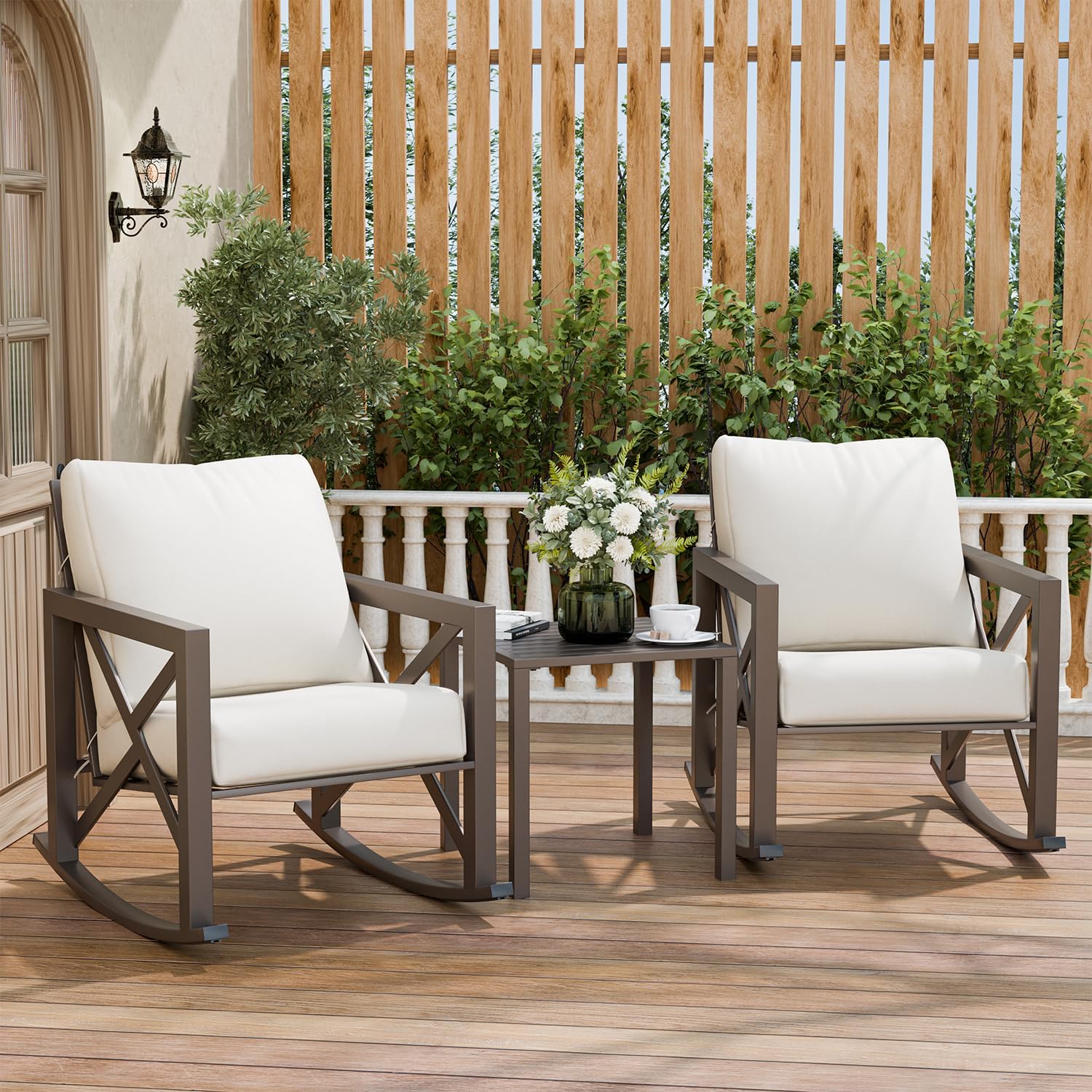 Outdoor Rocking Bistro Set, Patio Rocking Chairs Set of 2 with Coffee Table, 3 Pieces Metal Conversation Sets with 6.5' Thick Cushions for Backyard, Porch, Poolside, Oversized (Beige)