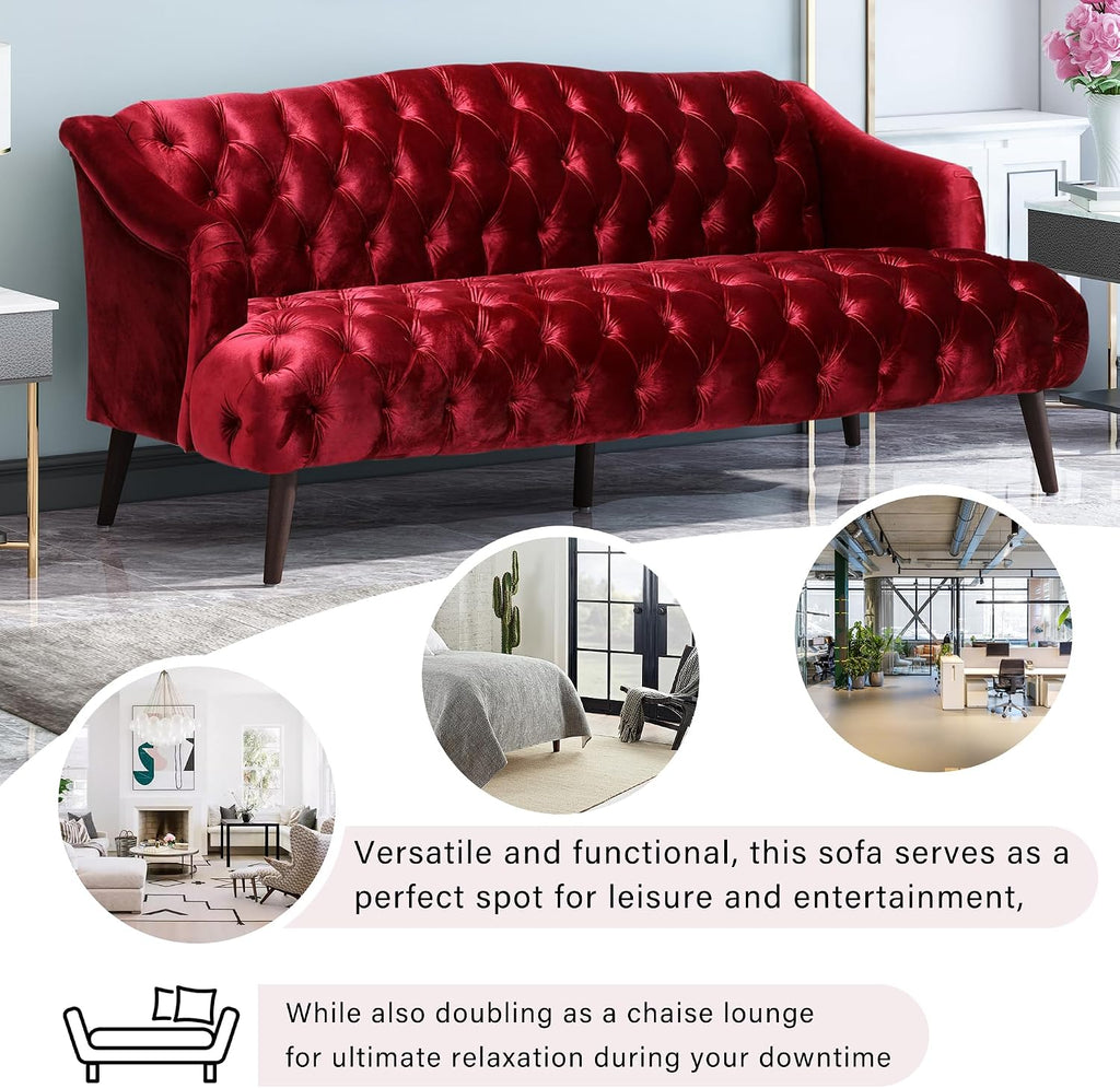 Wine Red Modern Velvet Loveseat Sofa Couch, 73' Mid - Century Tufted Upholstered Small Love Seat Couch, Curved High Back 3-Seats Couches for Compact Space, Living Room, Apartment (Wine Red)
