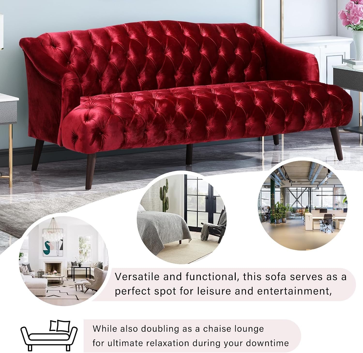 Wine Red Modern Velvet Loveseat Sofa Couch, 73' Mid - Century Tufted Upholstered Small Love Seat Couch, Curved High Back 3-Seats Couches for Compact Space, Living Room, Apartment (Wine Red)