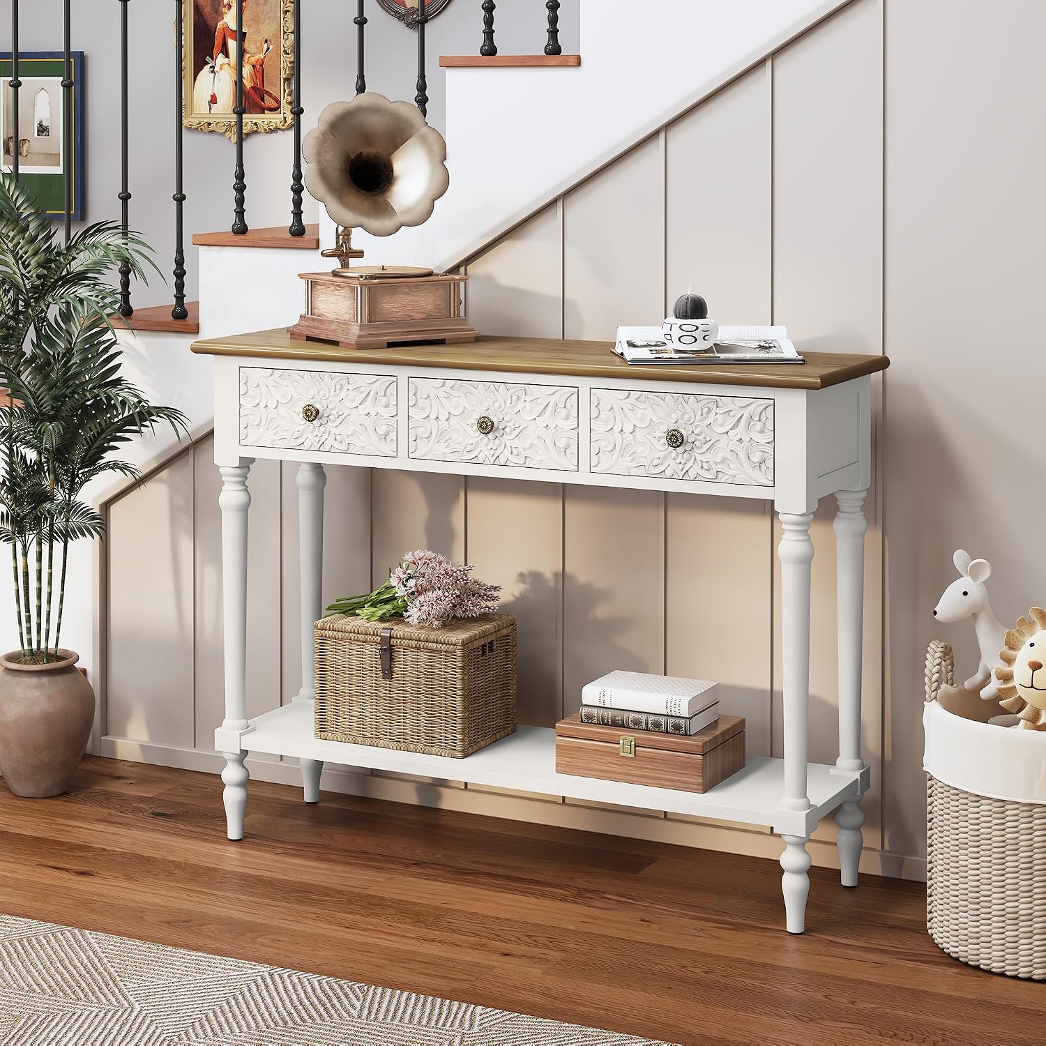 3More Entryway Console Table with 3 Drawers,42' Carved Hallway Table with Open Shelf,Long Sofa Table for Living Room, Hallway, Behind Couch,White