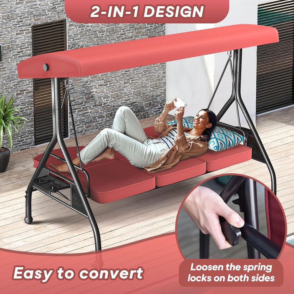 ZZW 3 Seat Outdoor Porch Patio Swing with Stand 800lbs 2-in-1 Convertible Swing Bed with Adjustable Canopy & Removable Cushion for Yard Garden Deck (Red, Round Tube)