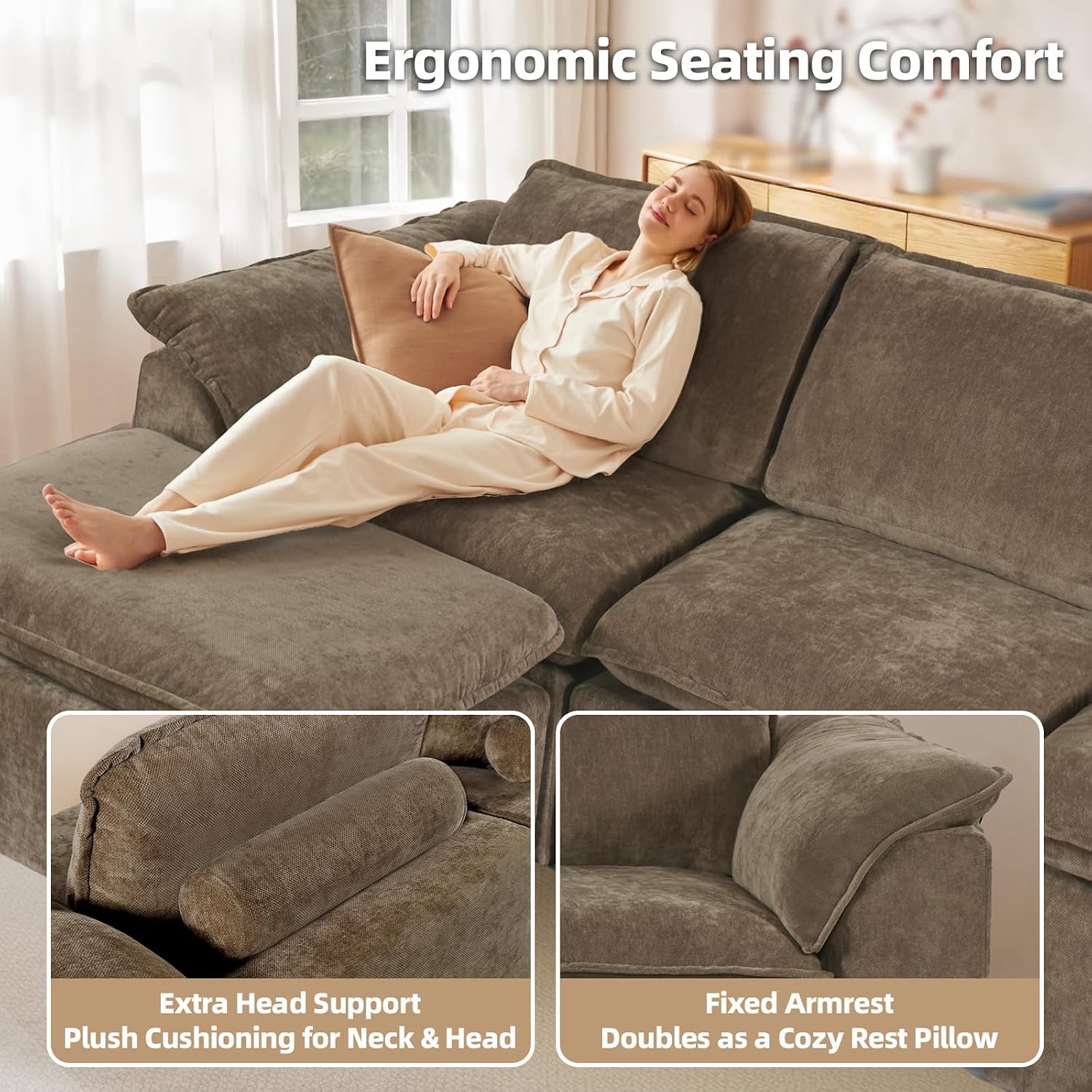 HALLYBEE 112' Cloud Couch Sectional with Padded Armrests & Moveable Ottoman Boneless Sectional Couches for Living Room Brown Couch, No Assembly Required