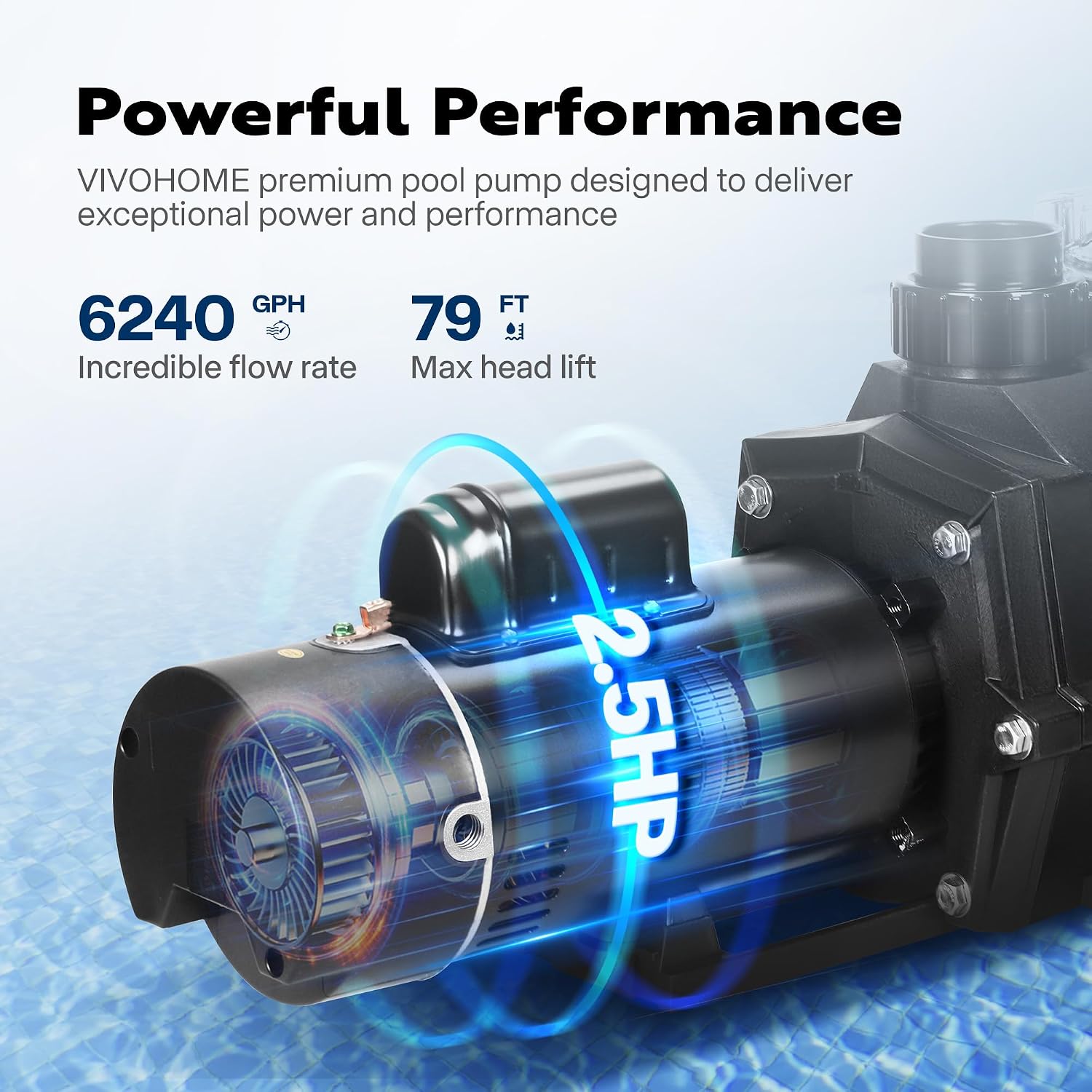 VIVOHOME 2.5HP 230V Pool Pump, Dual Speed with High Lift 79FT, Self-Priming DOE Energy Saving, 1.5' & 2' Connectors w/Strainer Basket for In-Ground Pools