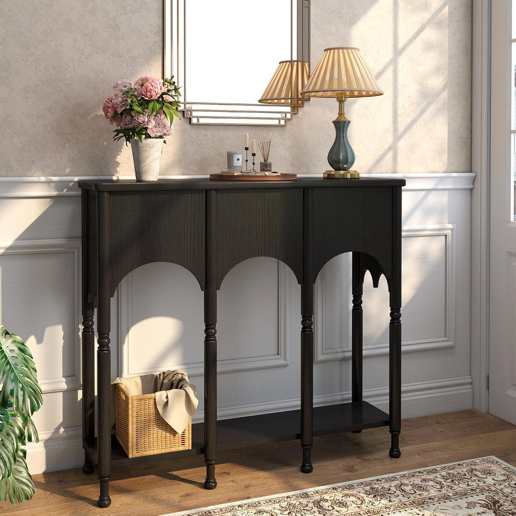 40' Console Table with Storage Shelf, Retro Entryway Table, Wooden Sofa Table with Roman-Style Legs for Living Room, Hallway, Black