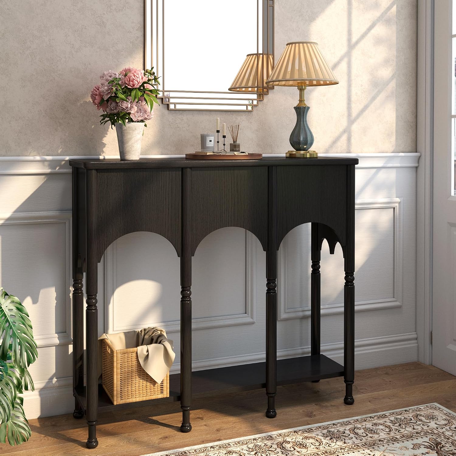 40' Console Table with Storage Shelf, Retro Entryway Table, Wooden Sofa Table with Roman-Style Legs for Living Room, Hallway, Black