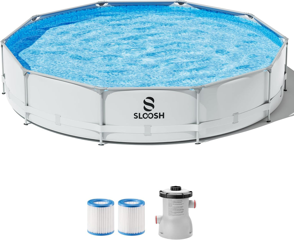 SLOOSH Round Above Ground Pool - 10ft x 30inch Outdoor Round Frame Above Ground Swimming Pool Set Kiddie Pool for Kids Adults with Filter Pump