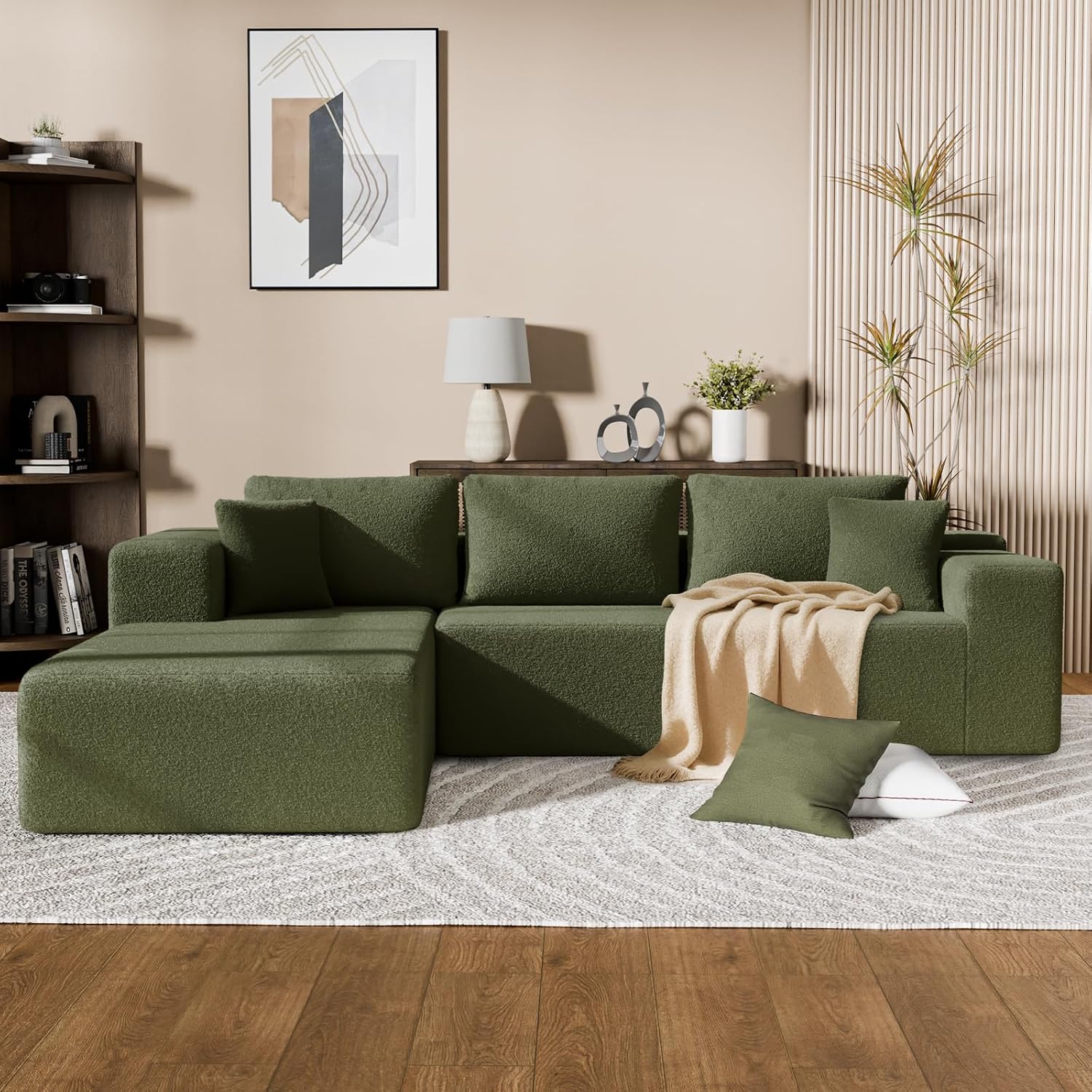 Cloud Wool Modular Sectional Sofa with Chaise, 106' L-Shaped Sofa Couch for Living Room, Deep Seat Plush Boneless Couches, Includes Pillows, Right Chaise, Green