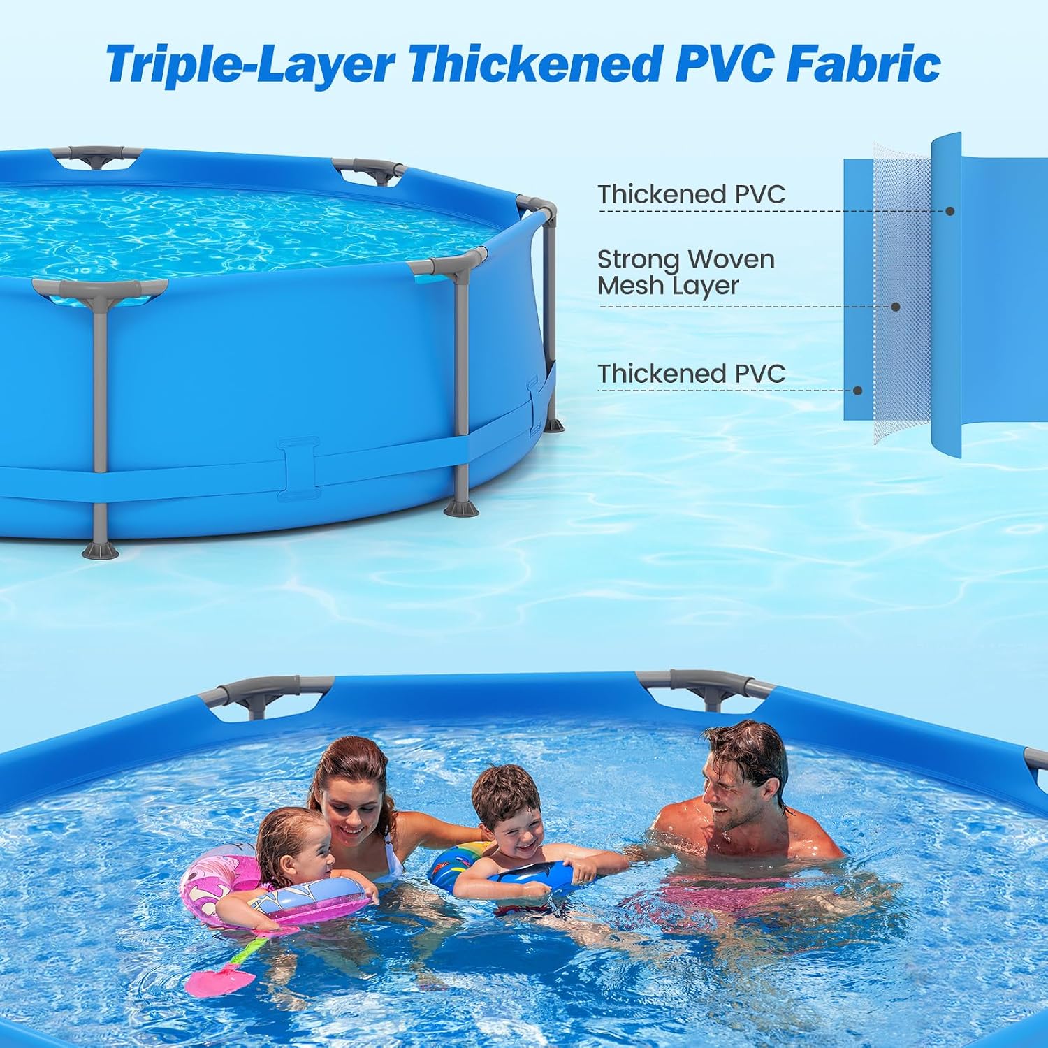 Moccha 10'x10' Round Above Ground Pool, Metal Frame Family Pool Set w/PVC Fabric, 3 Stoppers, Drainage Valve Connector, Outdoor Backyard Swimming Pool (10' Round, 1158 Gal, Blue)