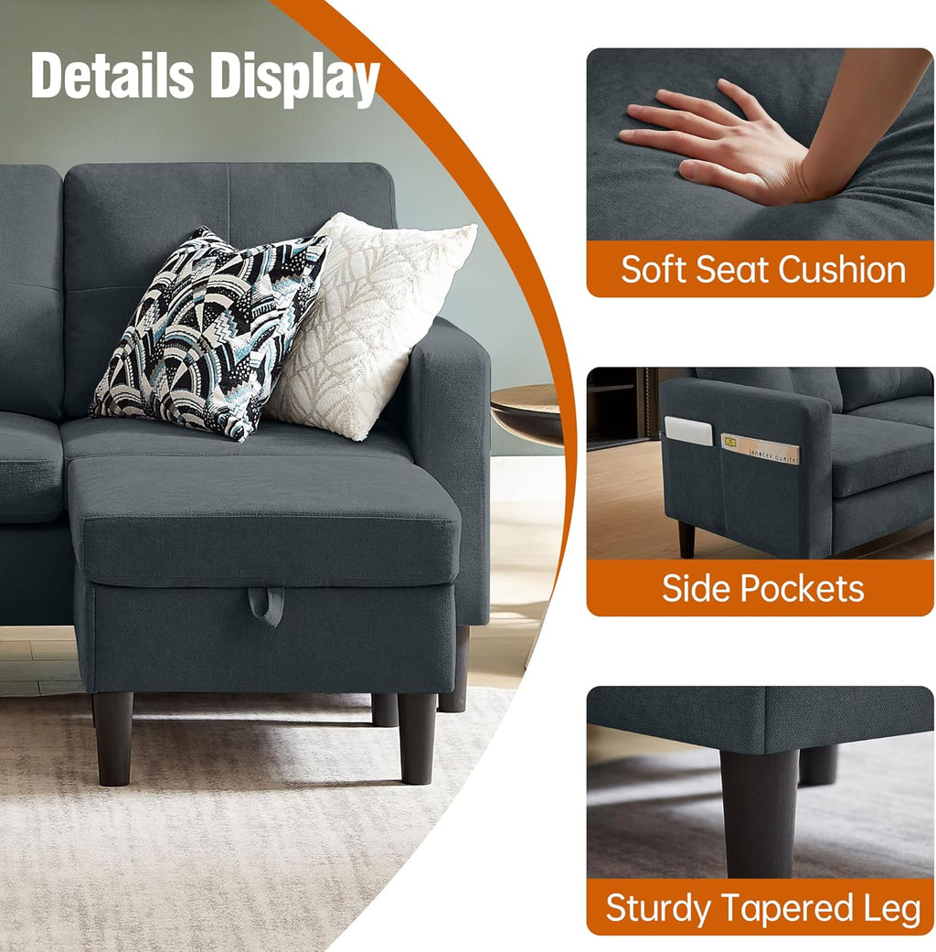 80' Convertible Sectional Sofa Couch with Movable Ottoman, 3 Seats Sectional Sofas L Shaped Couch for Small Spaces, Soft Fabric Couch for Living Room (Dark Grey)