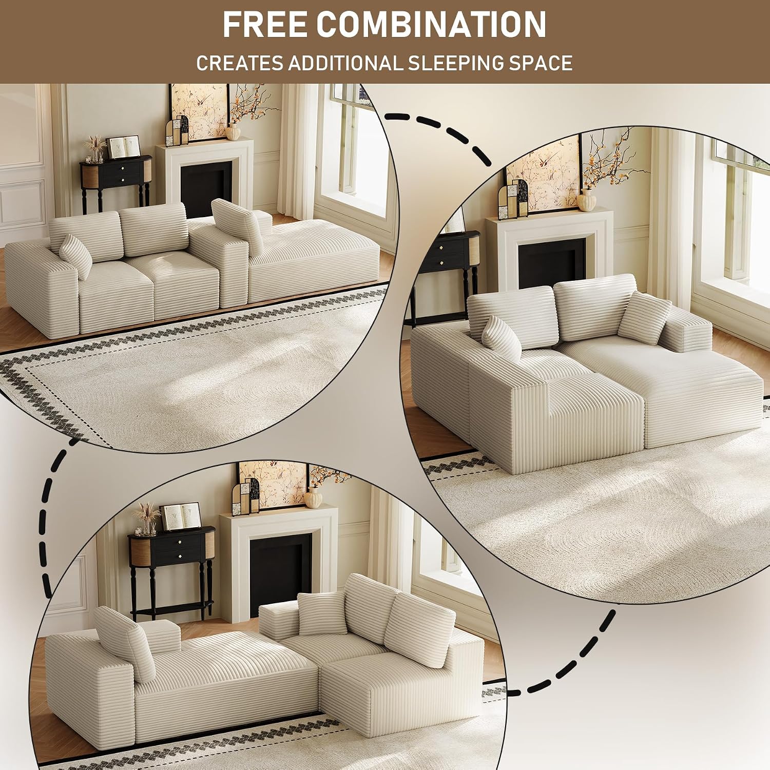 109' L-Shaped Boneless Cloud Sectional Couches, Comfy Corduroy Fluffy Modular Sectional Sofa with Right-Facing Chaise, Deep Seat Memory Foam Plush Couch for Living Room, Small Spaces, Beige White