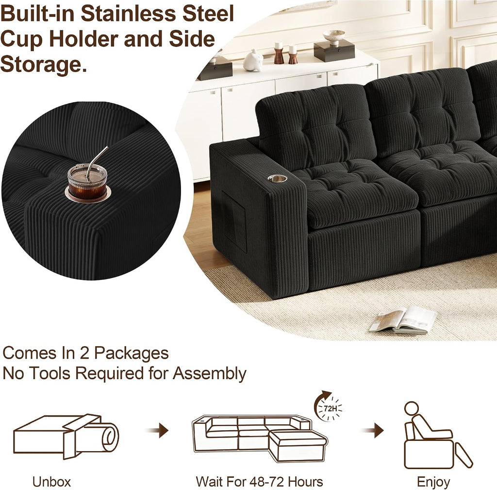105' Modular Sectional Sofa, Cloud Sectional Couch with Deep Seat, Modern Corduroy Comfy L Shaped Couch with Chaise, Boneless Couches for Living Room Bedroom (Matte Black) | Cloud Sectional, Deep Seat, Corduroy, L Shaped with Chaise, Boneless Design