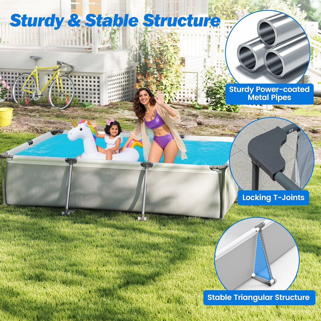 Moccha 10' x 6.8' Rectangle Above Ground Pool, Metal Frame Family Pool Set with PVC Fabric, 3 Stoppers, Drainage Valve Connector, Outdoor Backyard Swimming Pool, 978 Gallons of Water