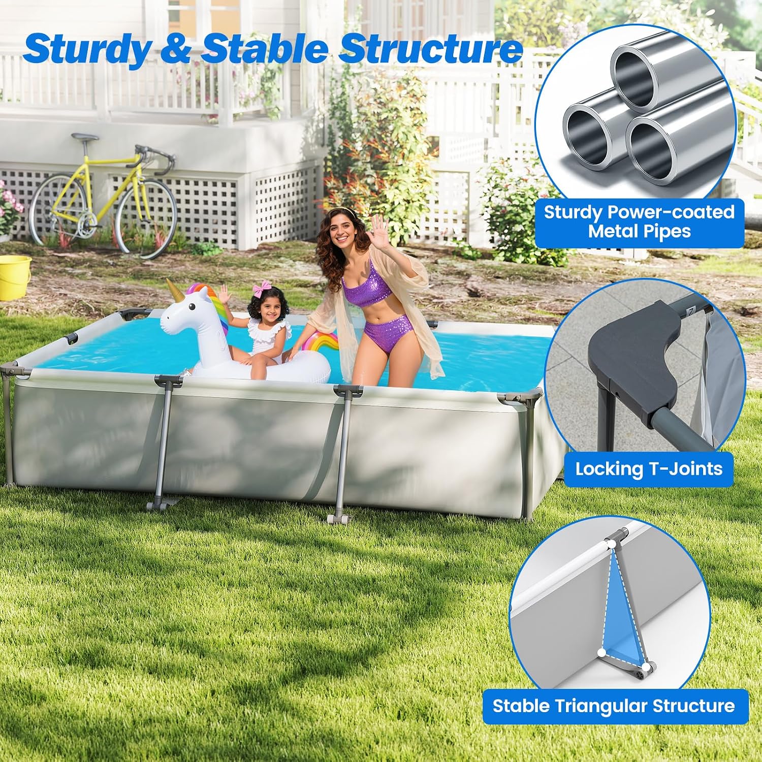 Moccha 10' x 6.8' Rectangle Above Ground Pool, Metal Frame Family Pool Set with PVC Fabric, 3 Stoppers, Drainage Valve Connector, Outdoor Backyard Swimming Pool, 978 Gallons of Water