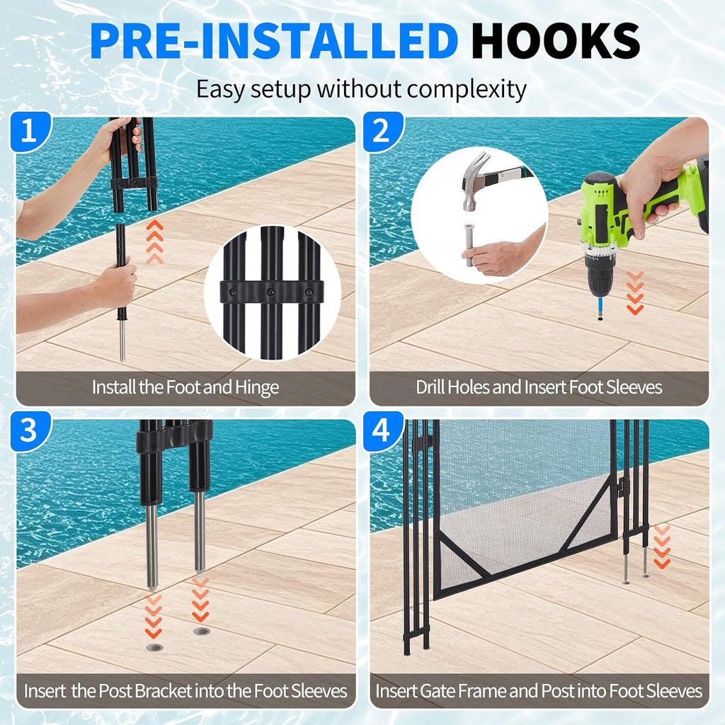 4Ft x 2.5Ft Pool Fence Gate, Heavy Duty Steel Aluminum Frame, Pool Safety Fence Gate Kit with Stainless Steel Latch for Inground/Above Ground Pools, DIY Installation, Black