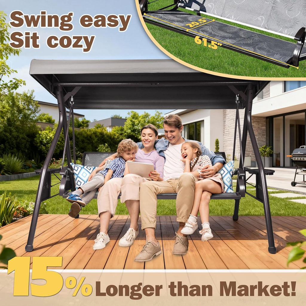 ZZW 3 Person Patio Swing Outdoor Swing for Adults with Adjustable Canopy &Upgraded Cup Holders Textilene Fabric Porch Swing Chair with Stand Heavy Duty 800 LBS