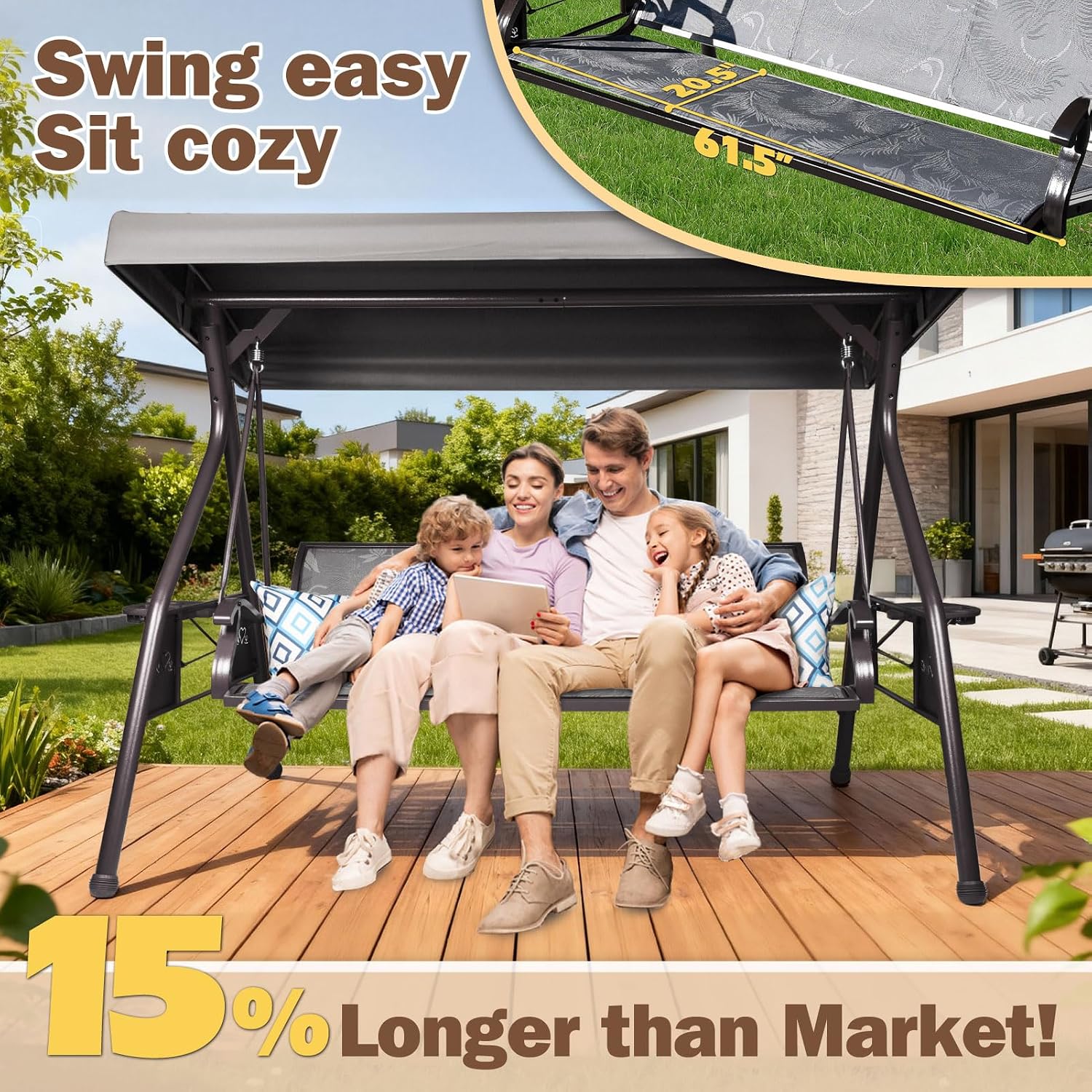 ZZW 3 Person Patio Swing Outdoor Swing for Adults with Adjustable Canopy &Upgraded Cup Holders Textilene Fabric Porch Swing Chair with Stand Heavy Duty 800 LBS
