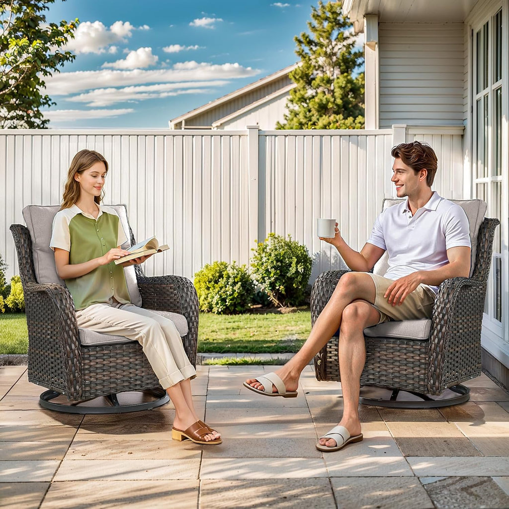 Outdoor Swivel Rocker Patio Chairs with 5' Thick Cushion - 3 Piece Wicker Bistro Set with Side Table, High Back Comfty Outdoor Glider Chairs for Balcony, Porch, Deck, Poolside - Brown/Beige