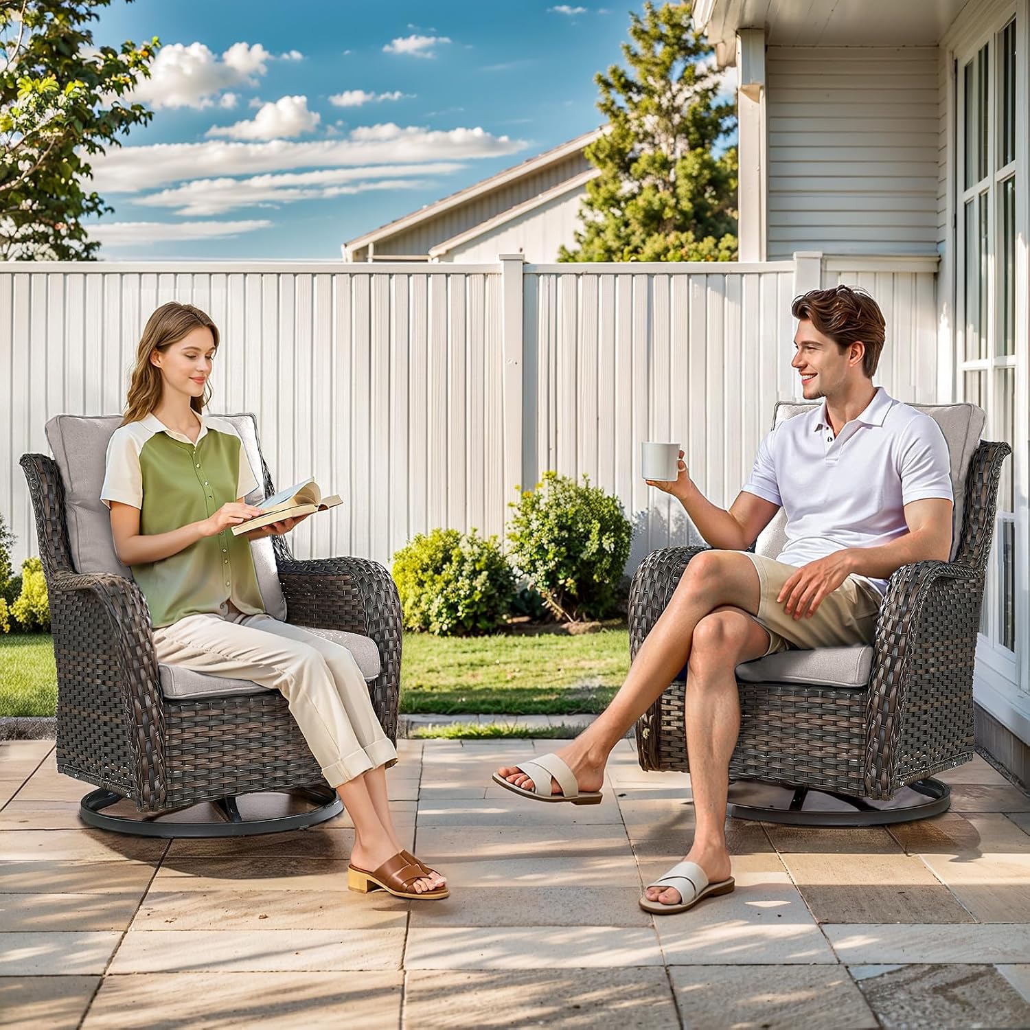Outdoor Swivel Rocker Patio Chairs with 5' Thick Cushion - 3 Piece Wicker Bistro Set with Side Table, High Back Comfty Outdoor Glider Chairs for Balcony, Porch, Deck, Poolside - Brown/Beige