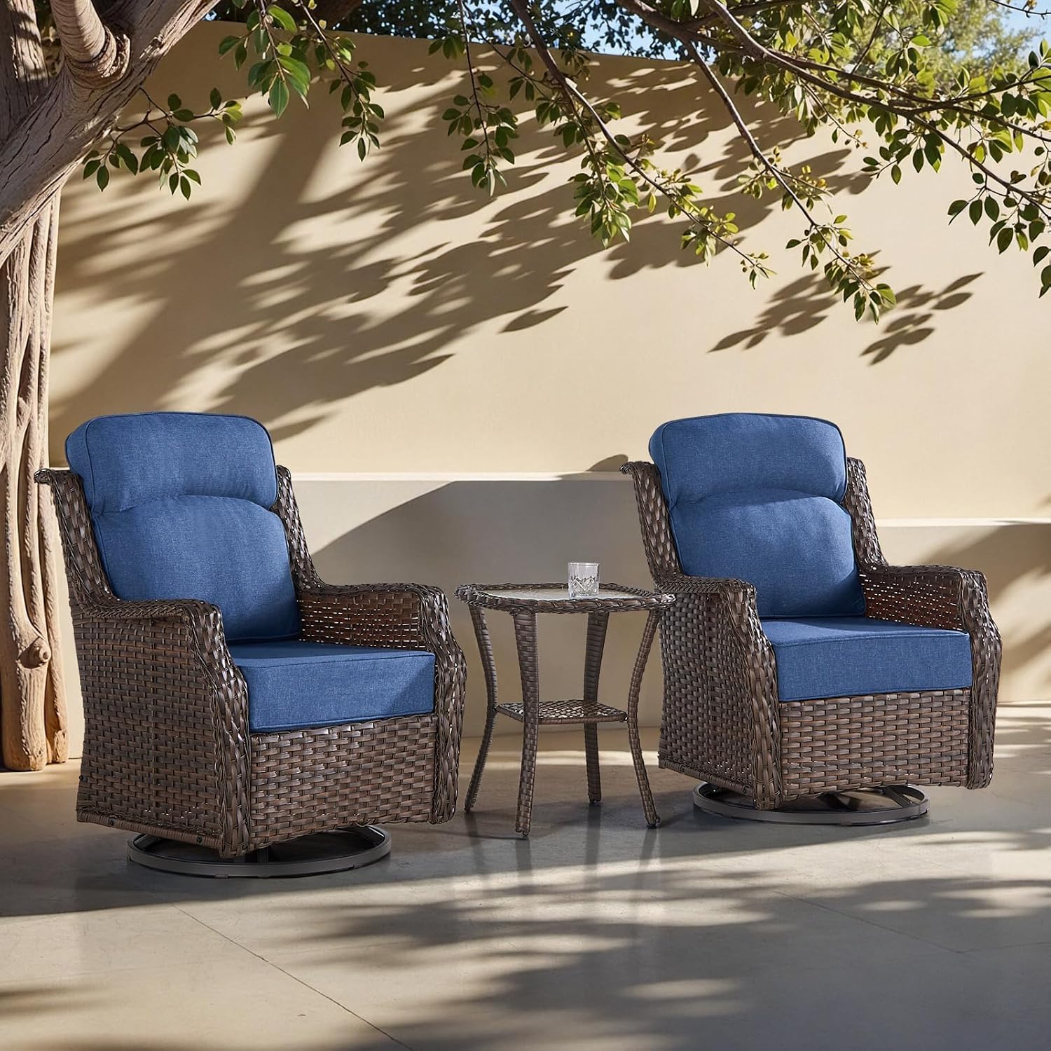 Outdoor Wicker Swivel Rocker Chair with 6-Inch Thick Cushions, High Back Patio Glider Chair, 360° Swivel & Rocking Motion for Porch, Deck, Balcony, Poolside, Brown/Blue