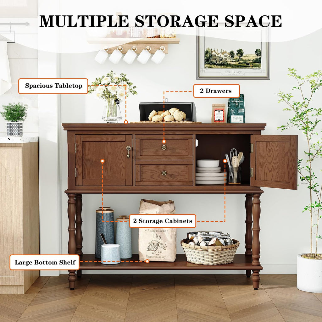 ARTPOWER Console Table for Entryway, Retro Wooden Table with Storage, 2 Doors & Drawers and Open Shelf, Behind Couch Sofa Table for Living Room, Foyer, Hallway, Brown