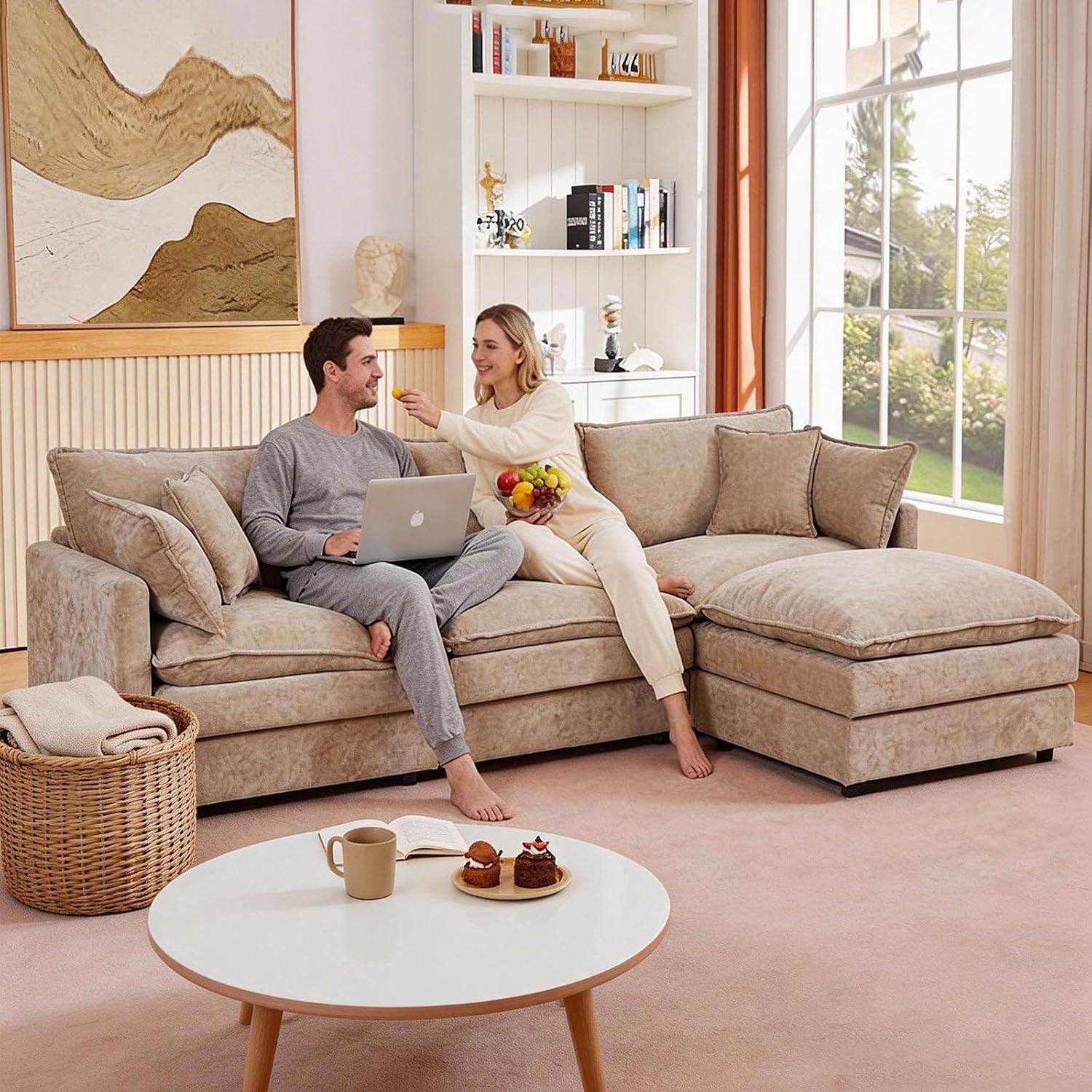 GNIXUU 102' Modular Sectional Sofa, L Shaped Cloud Couch with Movable Ottoman & 4 Pillows, Deep Seat Chenille 4 Seater Sectional Couches for Living Room, Apartment (Camel)