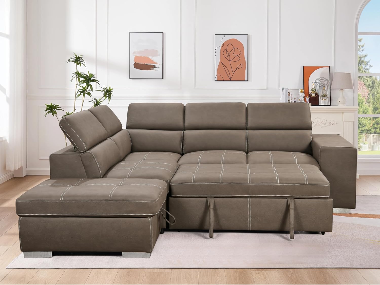 THSUPER 104'' Microfiber L Shaped Sectional Sleeper Sofa Couch with Pull Out Bed and Storage Ottoman, Convertible Couches with Adjustable Headrest for Living Room, Left Facing Chaise. Light Brown