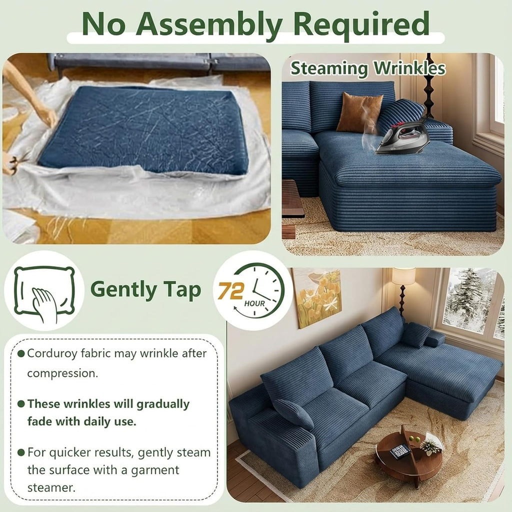 107' Cloud Couch Modular Sectional Sofa for Living Room, L-Shape Boneless Couch with Deep Seat, Modern Corduroy 3-Seater, No Assembly Required (Blue,Right-Facing Chaise)