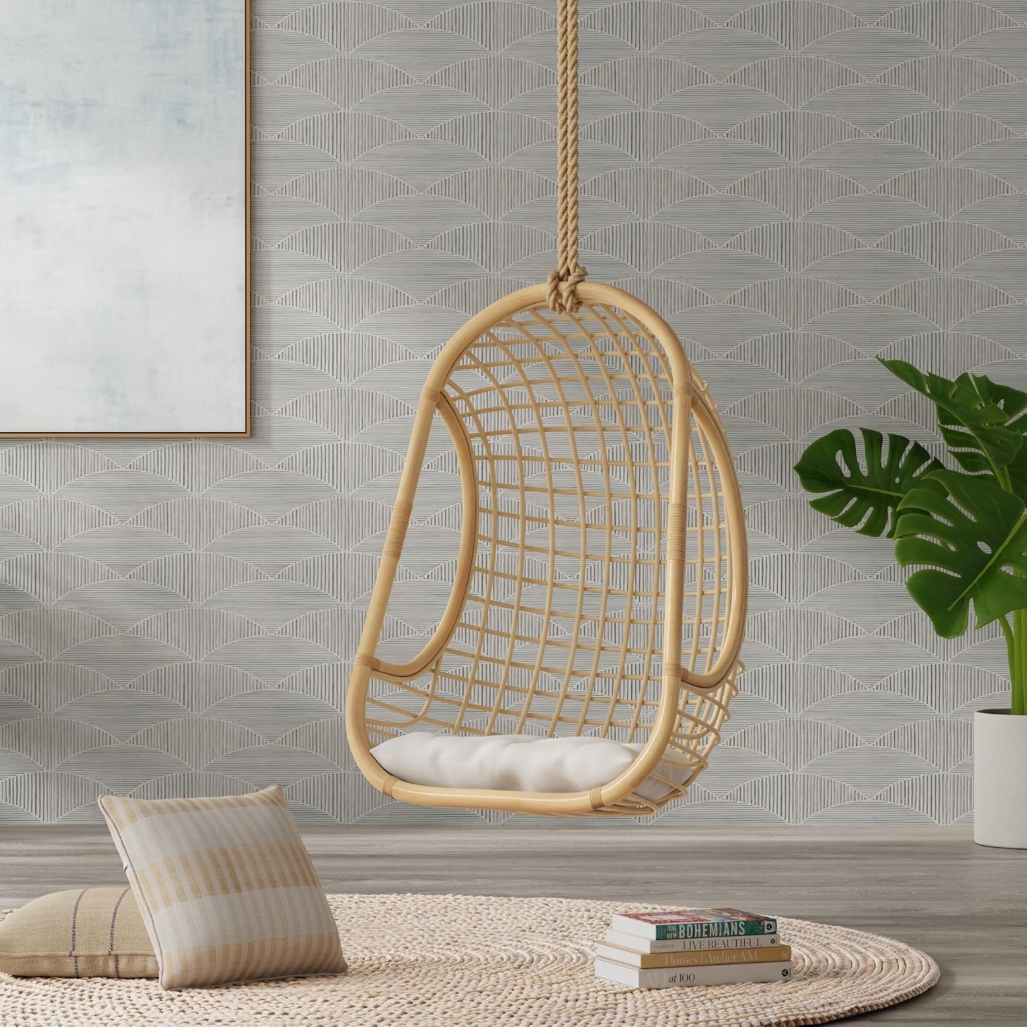KOUBOO Grid Rattan Hanging Chair, Indoor Hanging Egg Chairs, Swings, Hammock Chairs with Stands for Patio, Bedroom, Adjustable Height Resistant, Natural