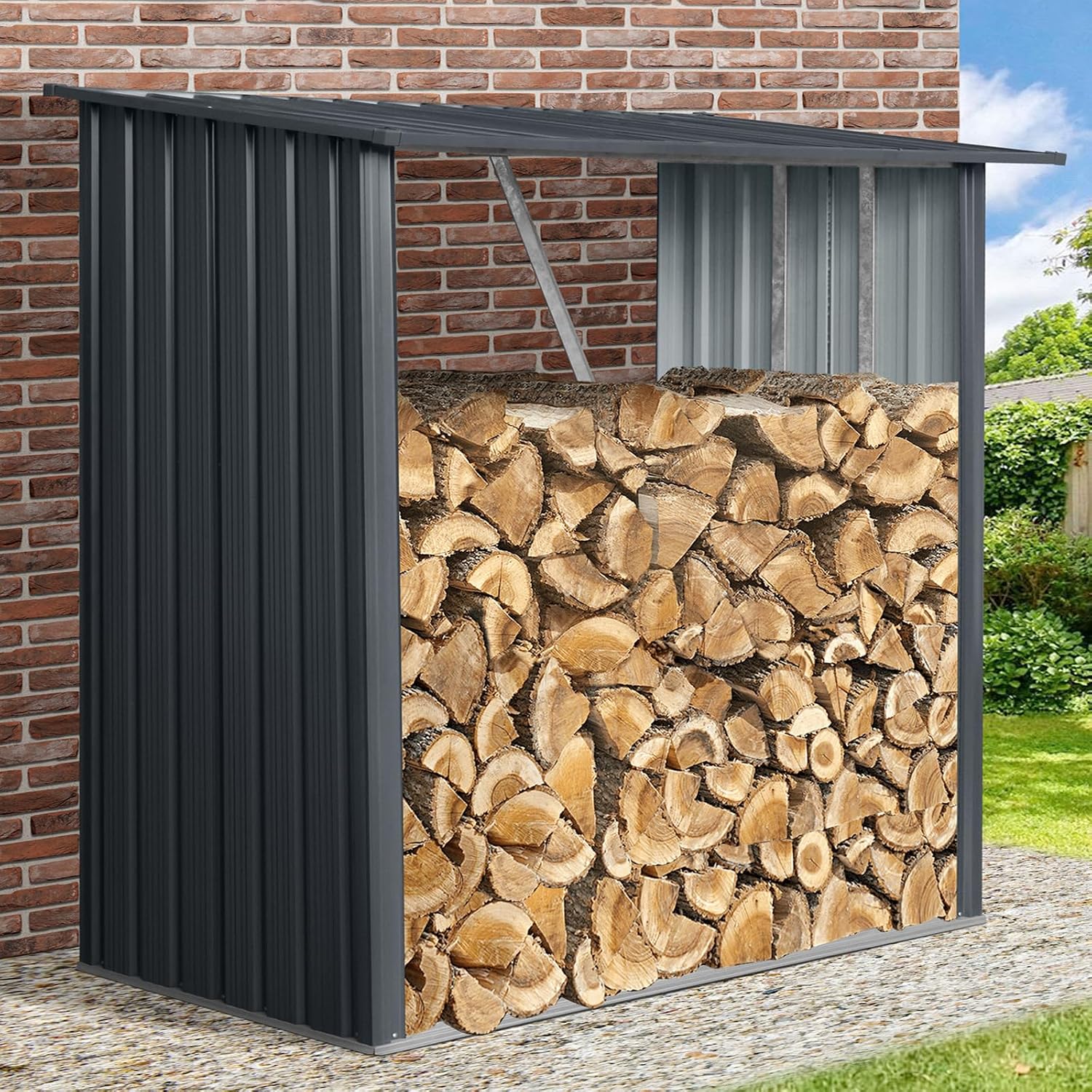 Outdoor Firewood Rack, 3ft x 7ft Garden Log Storage Shed, Firewood Rack Holder Outdoor in Galvanized Steel with Sloped Roof for Pellet,or Lumber Storage,Black