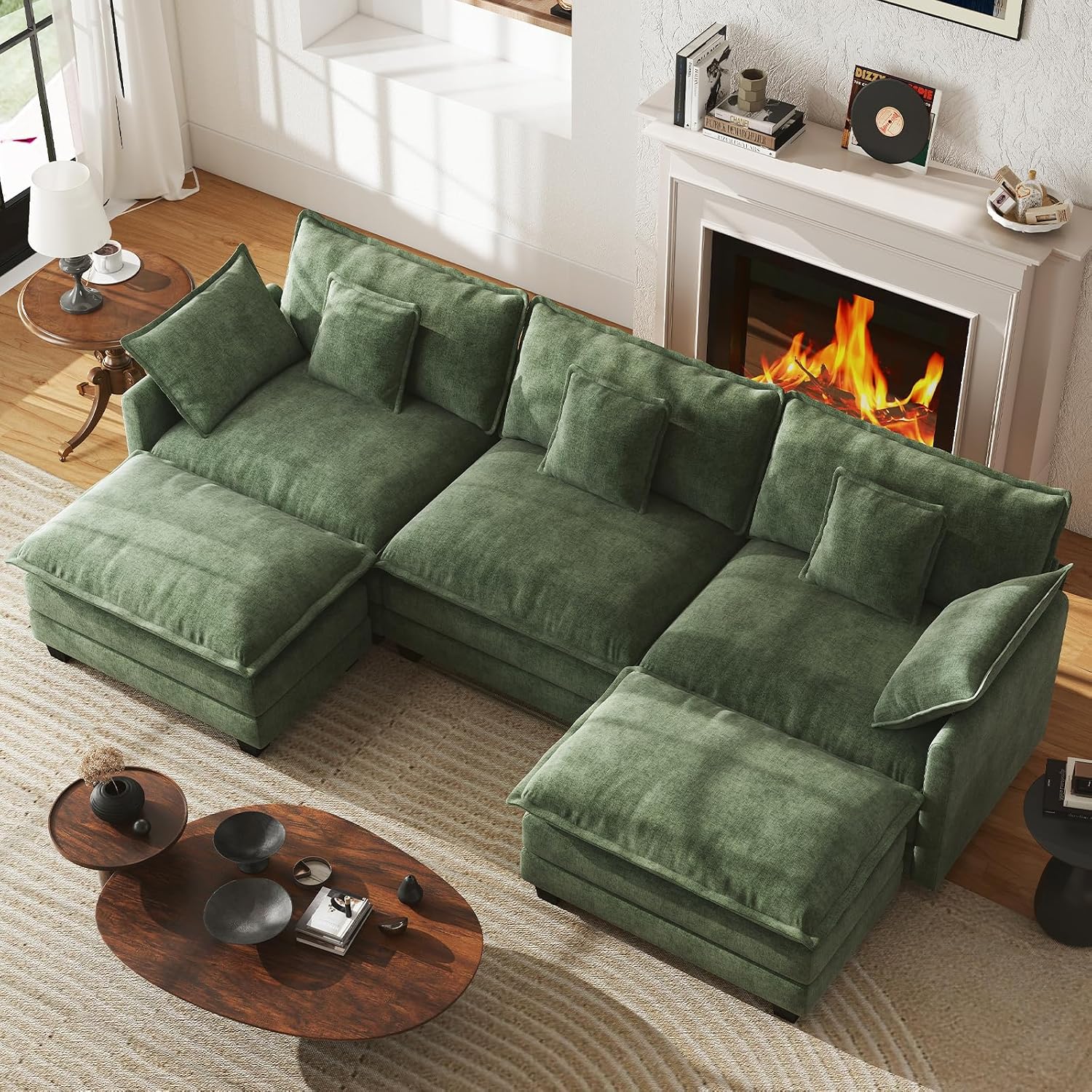 WorthFurni 111.4' Modular Sectional Sofa, U Shape Cloud Couch with 2 Movable Ottoman, Comfy Chenille Deep Seat Sofa with Soft Pillows for Living Room Apartment (Green)
