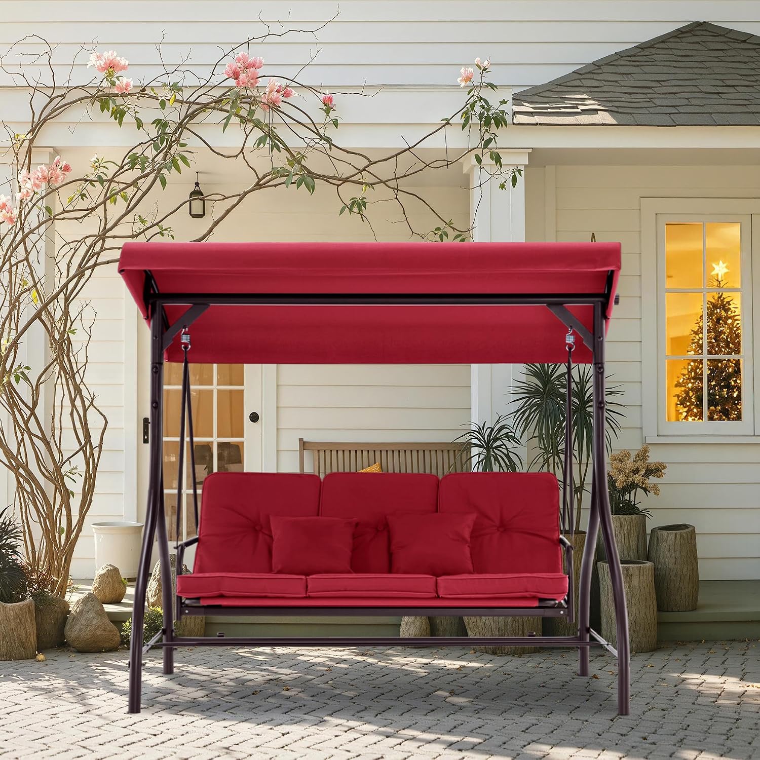 MCombo 3-Seat Outdoor Patio Swing Chair, 2-in-1 Convertible Porch Swing Glider Chair with Removable Cushions, Adjustable Canopy & Pillows for Backyard, Deck, Garden, 4068 (Burgundy)