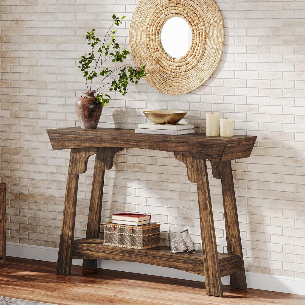 Tribesigns 41.3' Farmhouse Console Table, Small Entryway Table with 2-Tier Storage, Narrow Wooden Sofa Table Behind Couch for Living Room, Foyer, Hallway, Rustic Brown