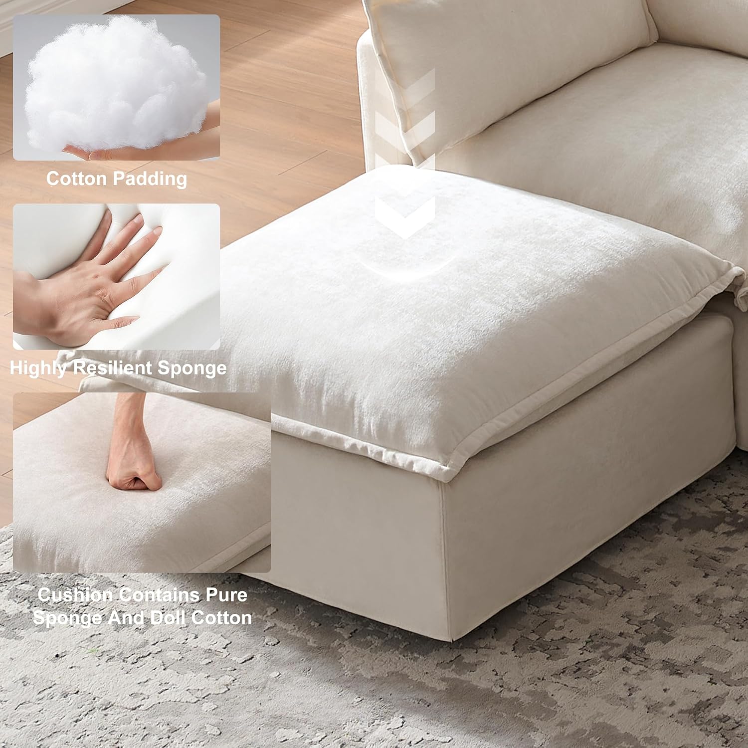 93.31' Inch L-Shaped Couch Sofa with Movable Ottoman, Modular Sectional Sofa with 4 Seats and Pillows for Living Room, Modern Chenille Fabric Large Comfy Cloud Couch DIY Combination (Beige-93inch)