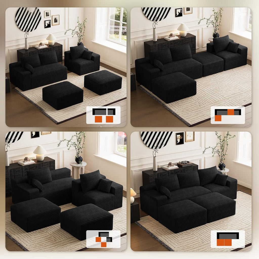 108' Oversized U-Shaped Sectional Couches for Living Room, Comfy Fluffy Corduroy Black Boneless Cloud Couch with 2 Ottomans, Plush Memory Foam Modular Sectional Sofa for Small Spaces