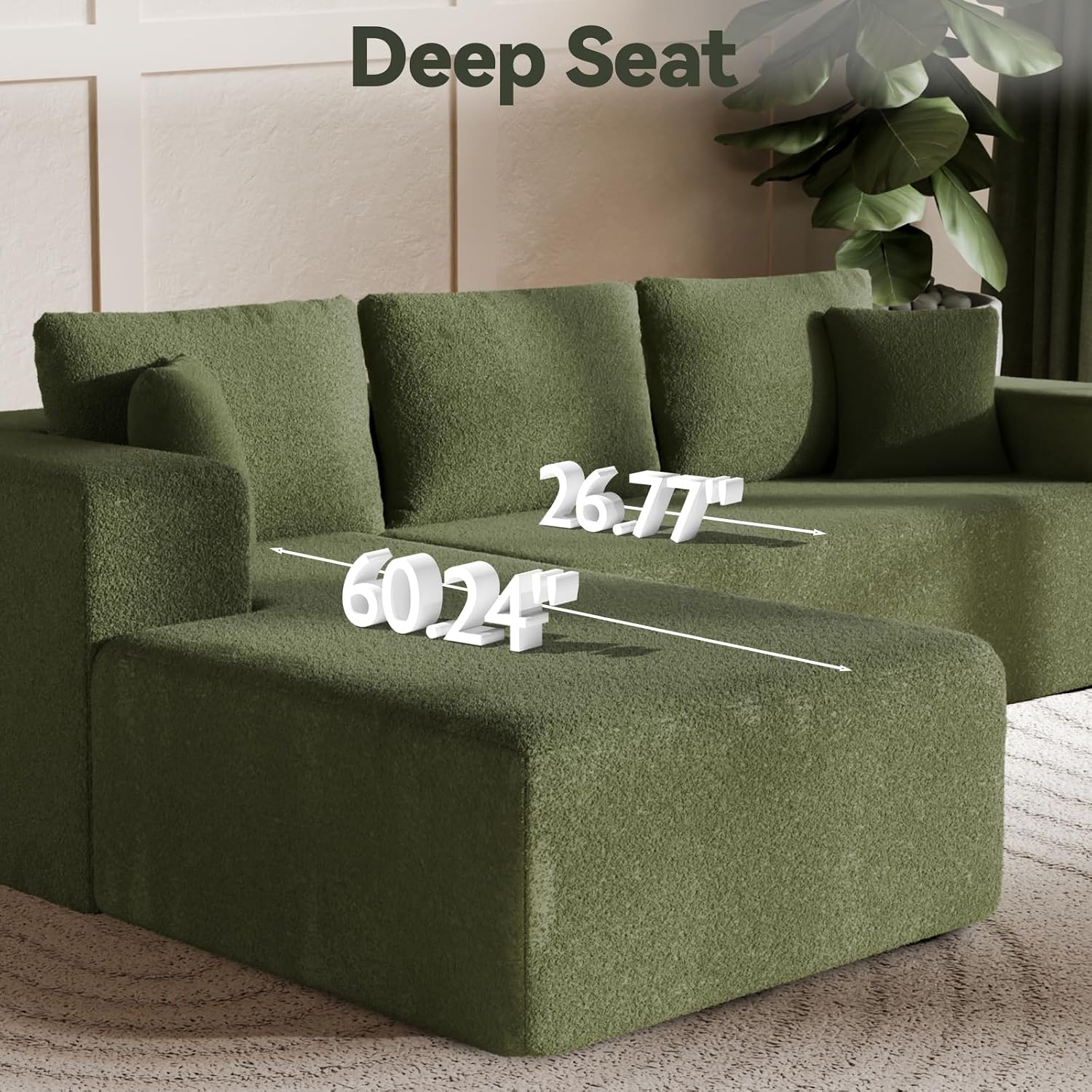 Cloud Wool Modular Sectional Sofa with Chaise, 106' L-Shaped Sofa Couch for Living Room, Deep Seat Plush Boneless Couches, Includes Pillows, Right Chaise, Green