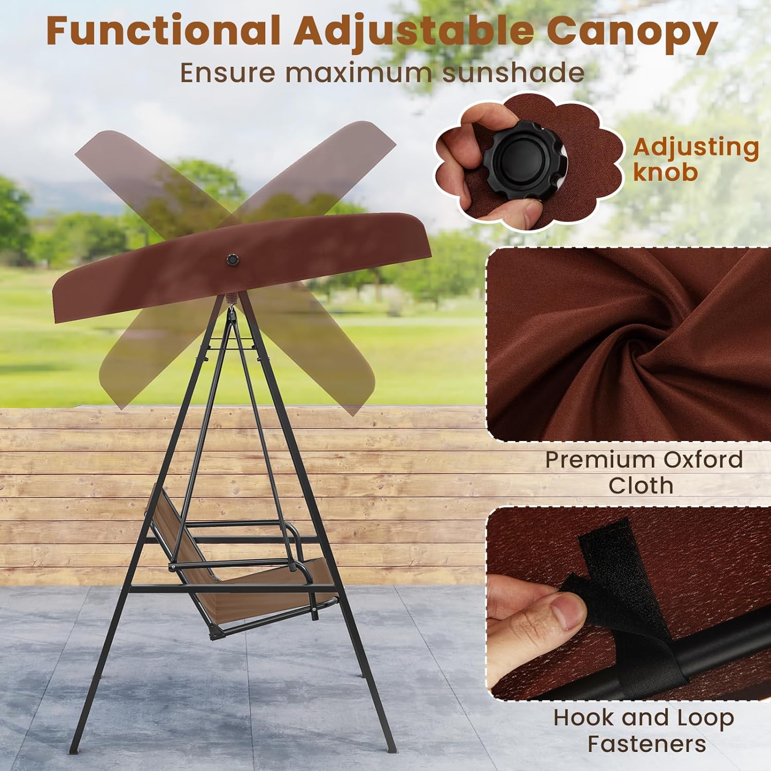 Tangkula 2 Person Porch Swing, Patio Swing with Adjustable Canopy, Heavy-Duty Metal Frame & Soft Cushion, Outdoor Swing for Backyard, Garden (Brown)