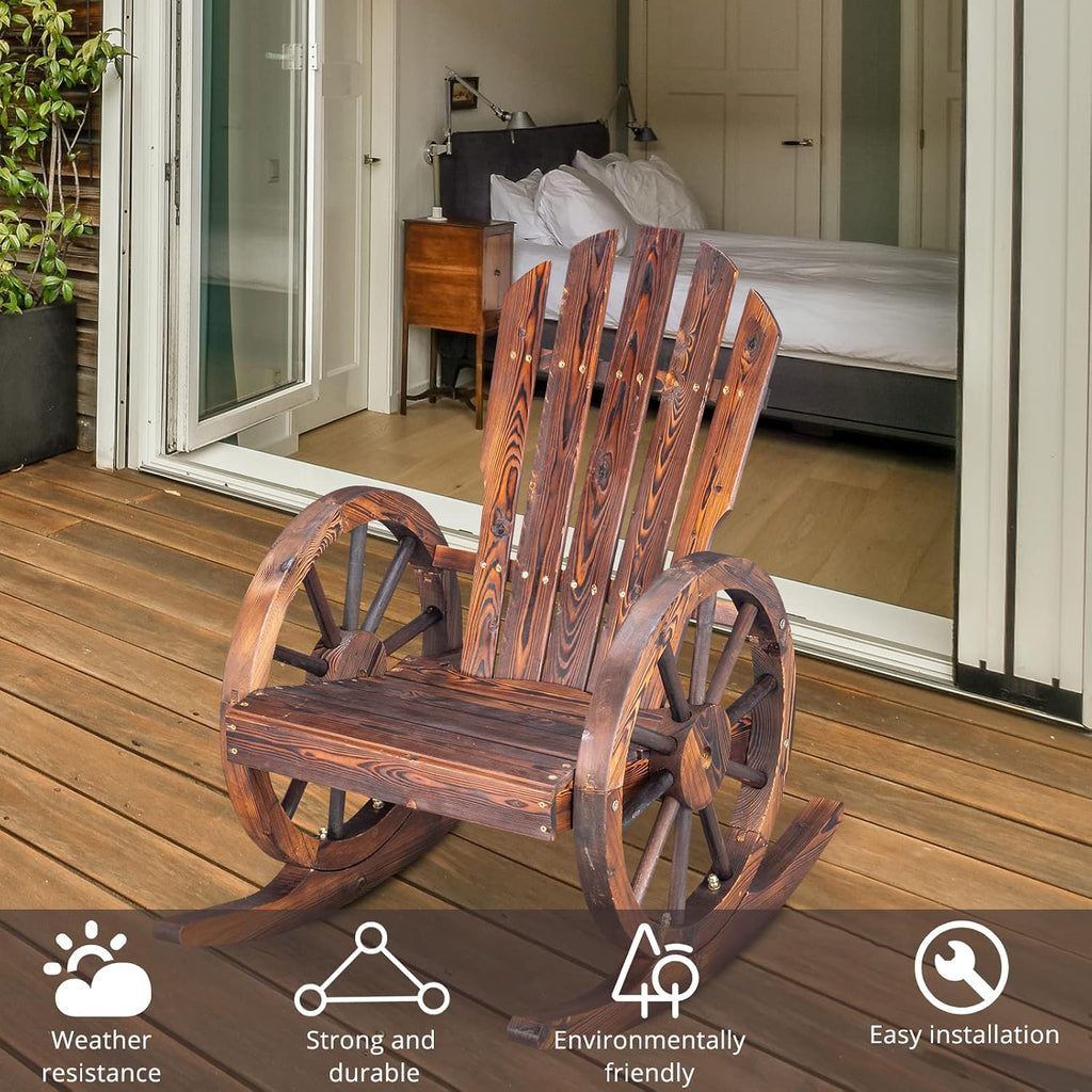 Outvita Adirondack Rocking Chair Set of 2, Wood Wagon Rocker, Outdoor Wooden Carbonized Lounge Chairs with Wheel Armrest for Garden Patio Country Yard Porch, Fir