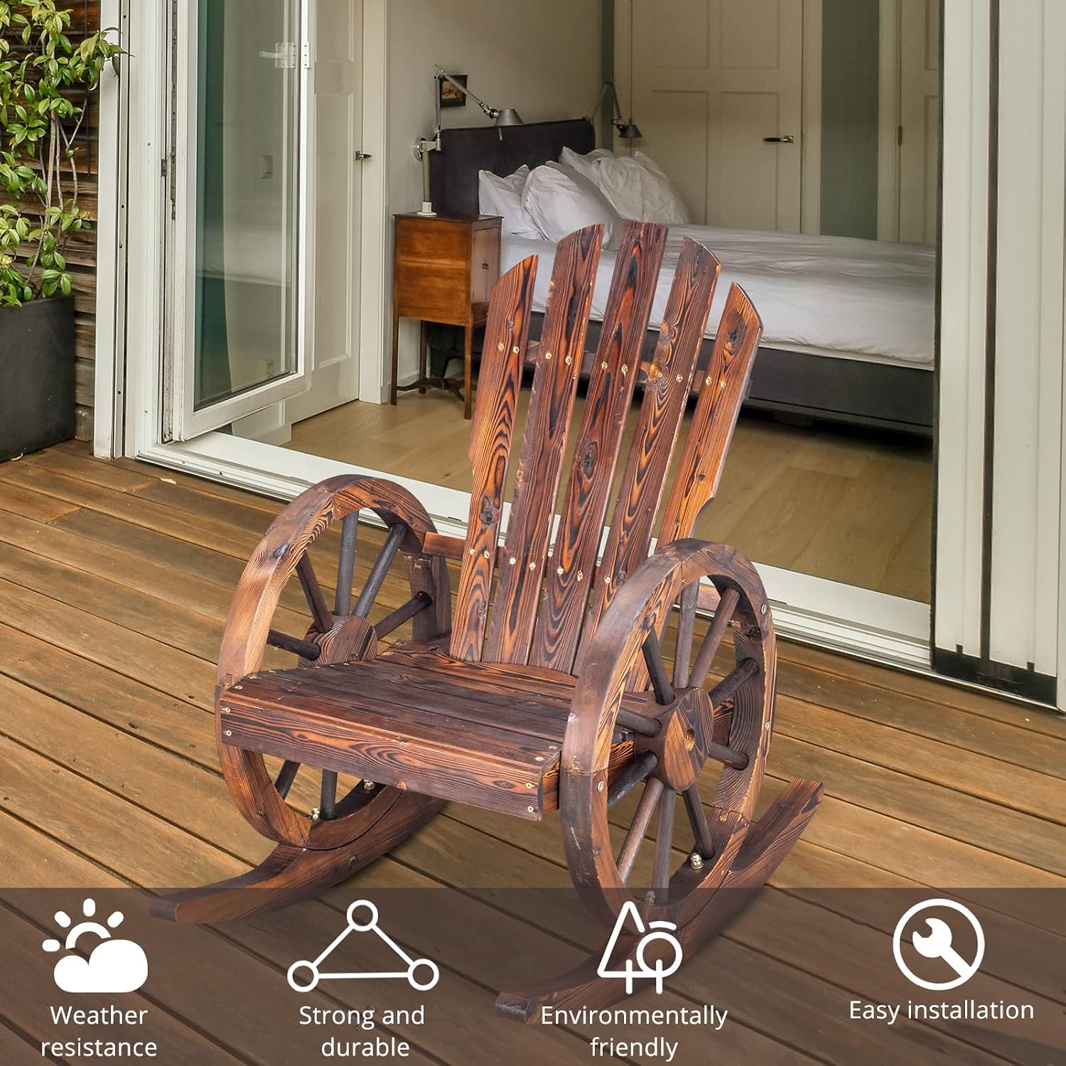 Outvita Adirondack Rocking Chair Set of 2, Wood Wagon Rocker, Outdoor Wooden Carbonized Lounge Chairs with Wheel Armrest for Garden Patio Country Yard Porch, Fir