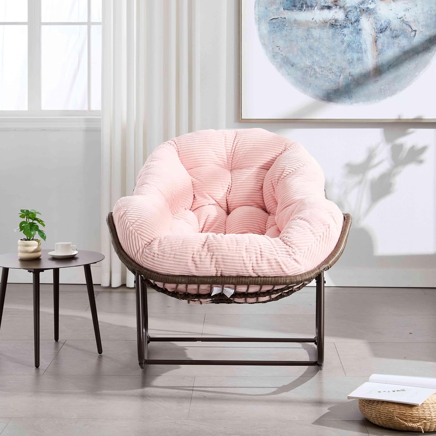 Wicker Outdoor Rocking Chair Rattan Egg Chair with Thick Cushion 30° Smooth Rocking Patio Lounge Reclining for Indoor Outdoor Use Living Room Front Porch Balcony Lawn Garden, Pink