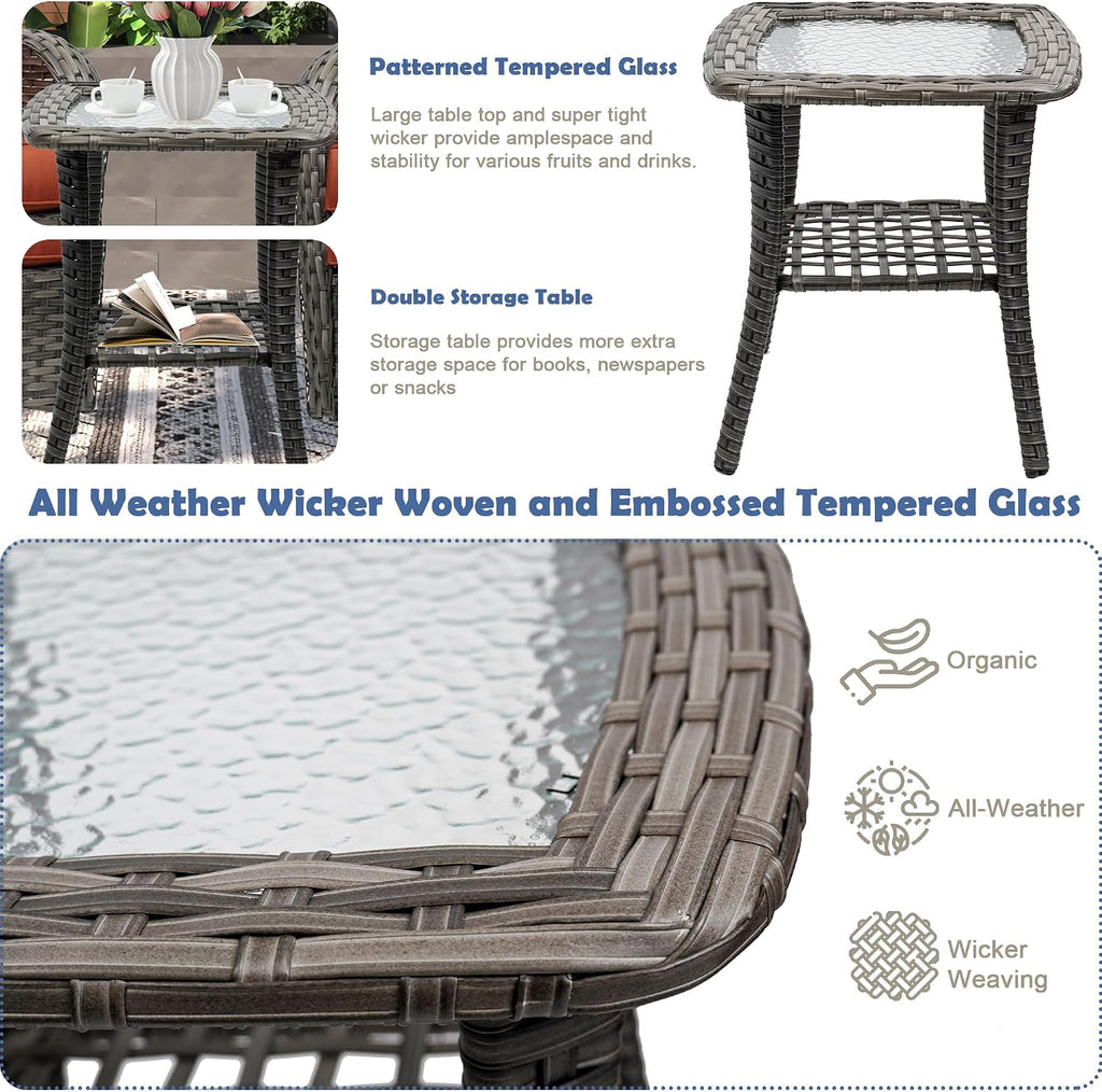 3-Piece Swivel Rocker Wicker Chair Set of 2 ，360-Degree Rocking Chairs Outdoor with Cushions，Glass Table for Garden,Backyard, Bistro.Brown