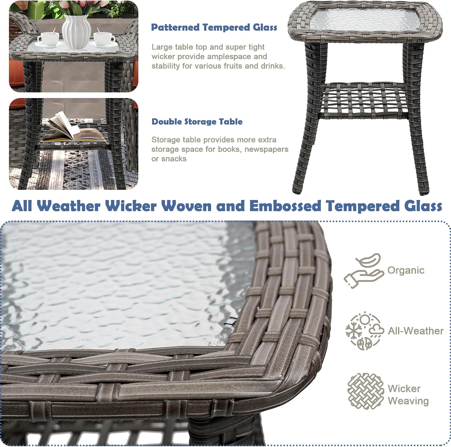 3-Piece Swivel Rocker Wicker Chair Set of 2 ，360-Degree Rocking Chairs Outdoor with Cushions，Glass Table for Garden,Backyard, Bistro.Brown