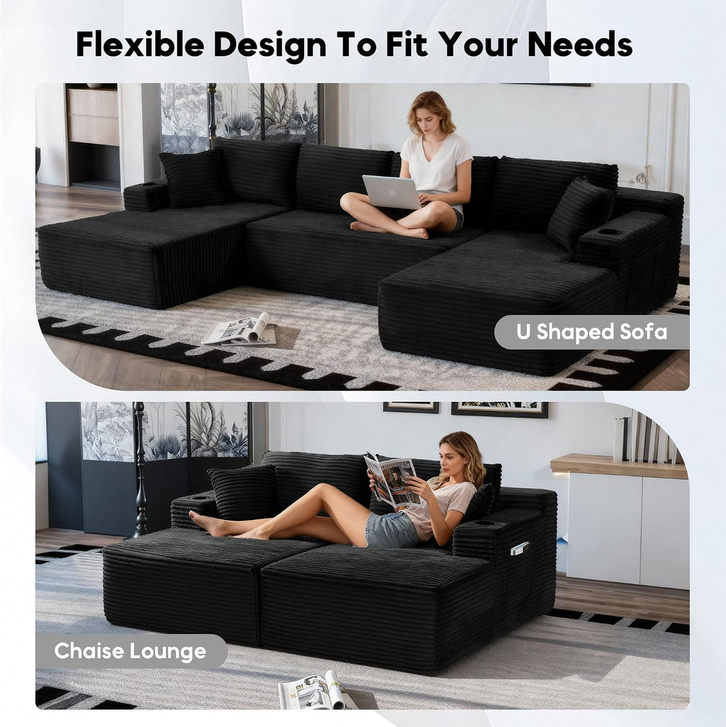 133' Oversized Cloud Boneless Couch with Chaise, Modern Modular Sofa with Deep Seat, Corduroy Upholstered U Shaped Couch for Living Room, No Assembly Required (Black)