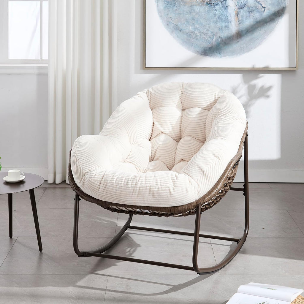 Wicker Outdoor Rocking Chair Rattan Egg Chair with Thick Cushion 30° Smooth Rocking Patio Lounge Reclining for Indoor Outdoor Use Living Room Front Porch Balcony Lawn Garden, White