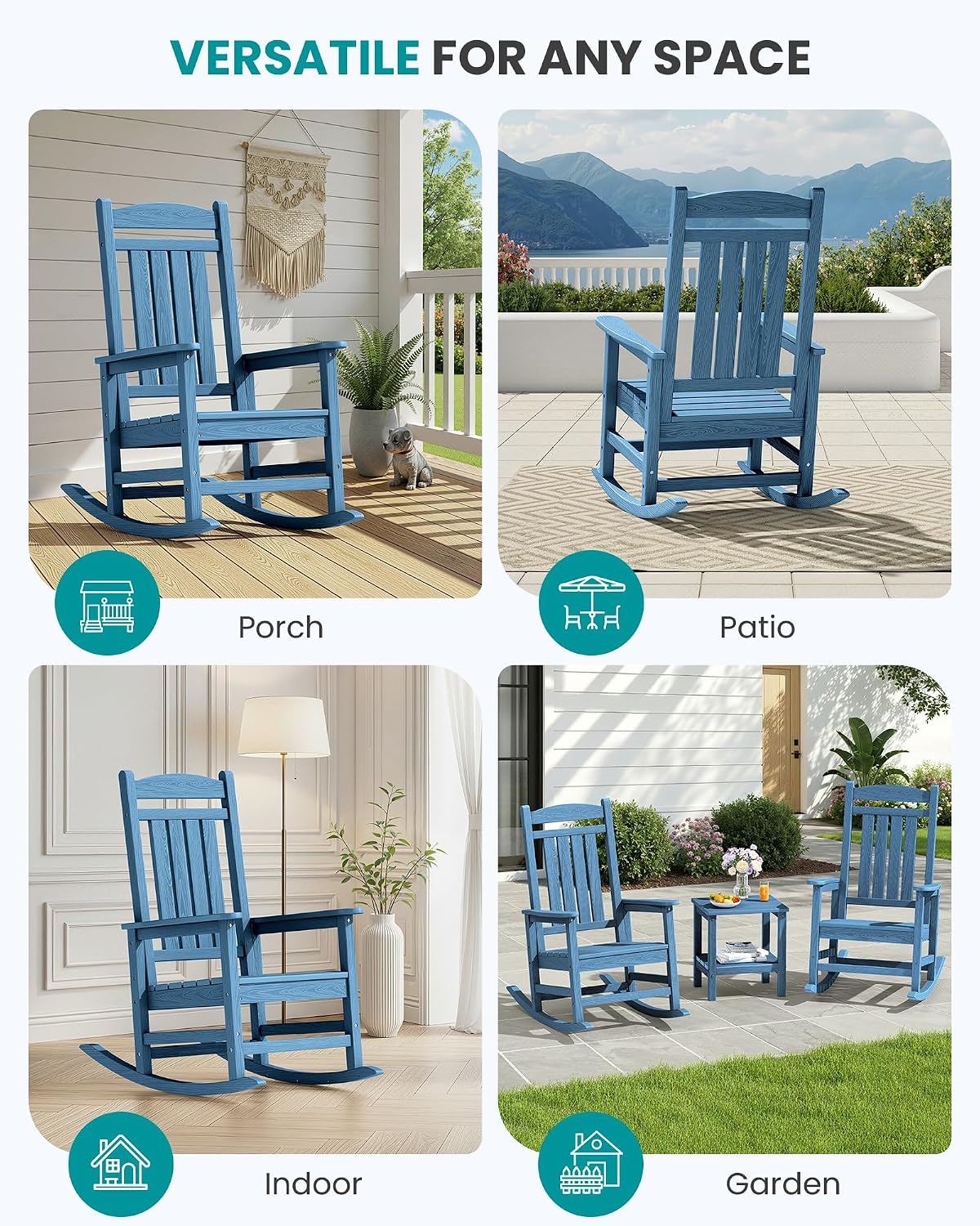 SERWALL Oversized Rocking Chairs Set of 4, HDPE Outdoor Rocking Chair, All-Weather Porch Rockers for Patio, Blue
