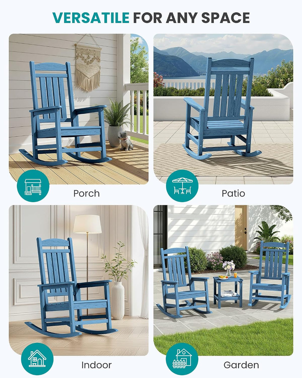 SERWALL Oversized Rocking Chairs Set of 6, HDPE Outdoor Rocking Chair, All-Weather Porch Rockers for Patio, Blue