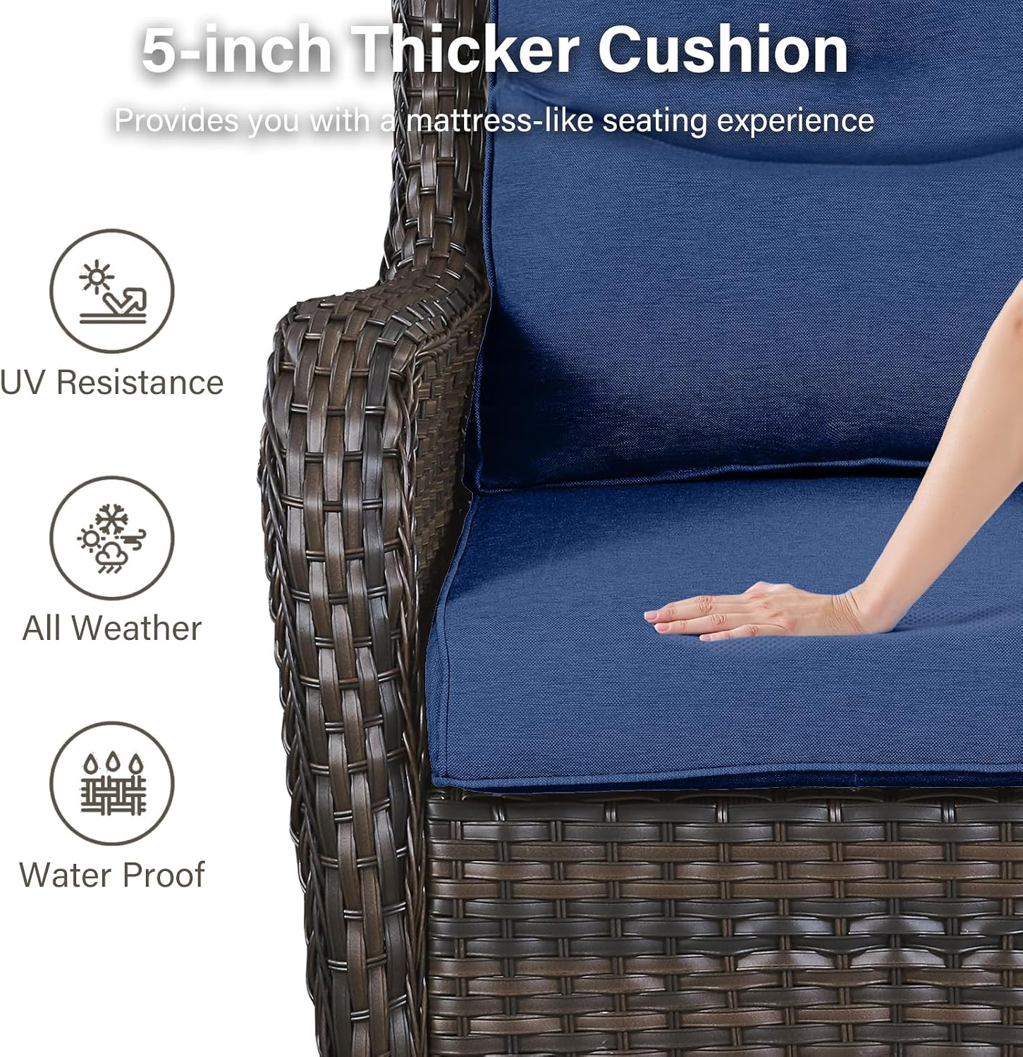Outdoor Swivel Rocker Patio Chairs Set of 4-5' Thick Cushion 4 Piece Furniture Set All Weather Comfortable Wicker Conversation Set for Porch Poolside and Deck - Brown/Blue