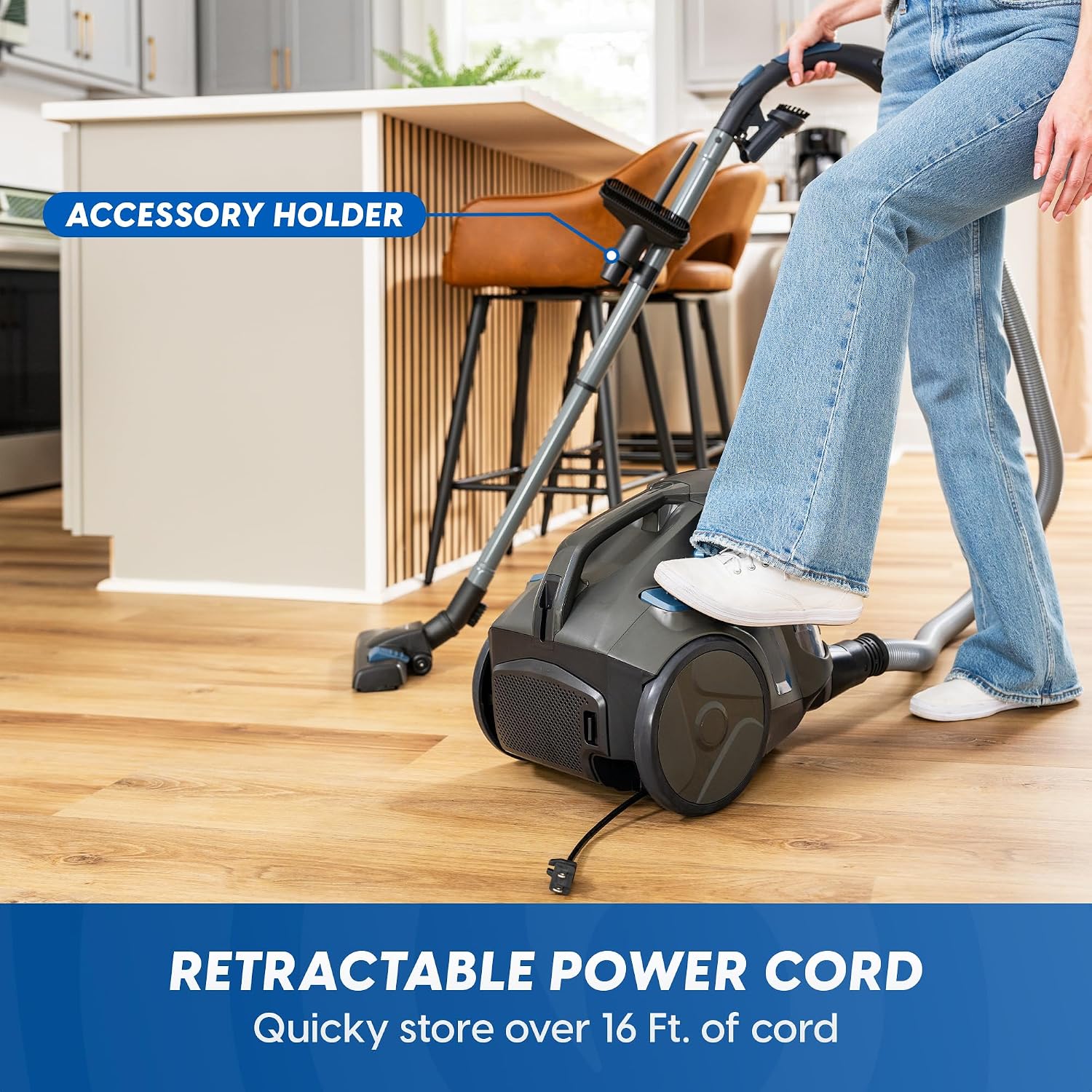 Vacmaster CC0501 Ultra Silent Bagless Canister Vacuum Powerful Cleaner with HEPA Filtration, One-Touch Release Dust Cup, Built-in Dust Tool & Retractable Cord for Low-Pile Carpet and Hard Floor