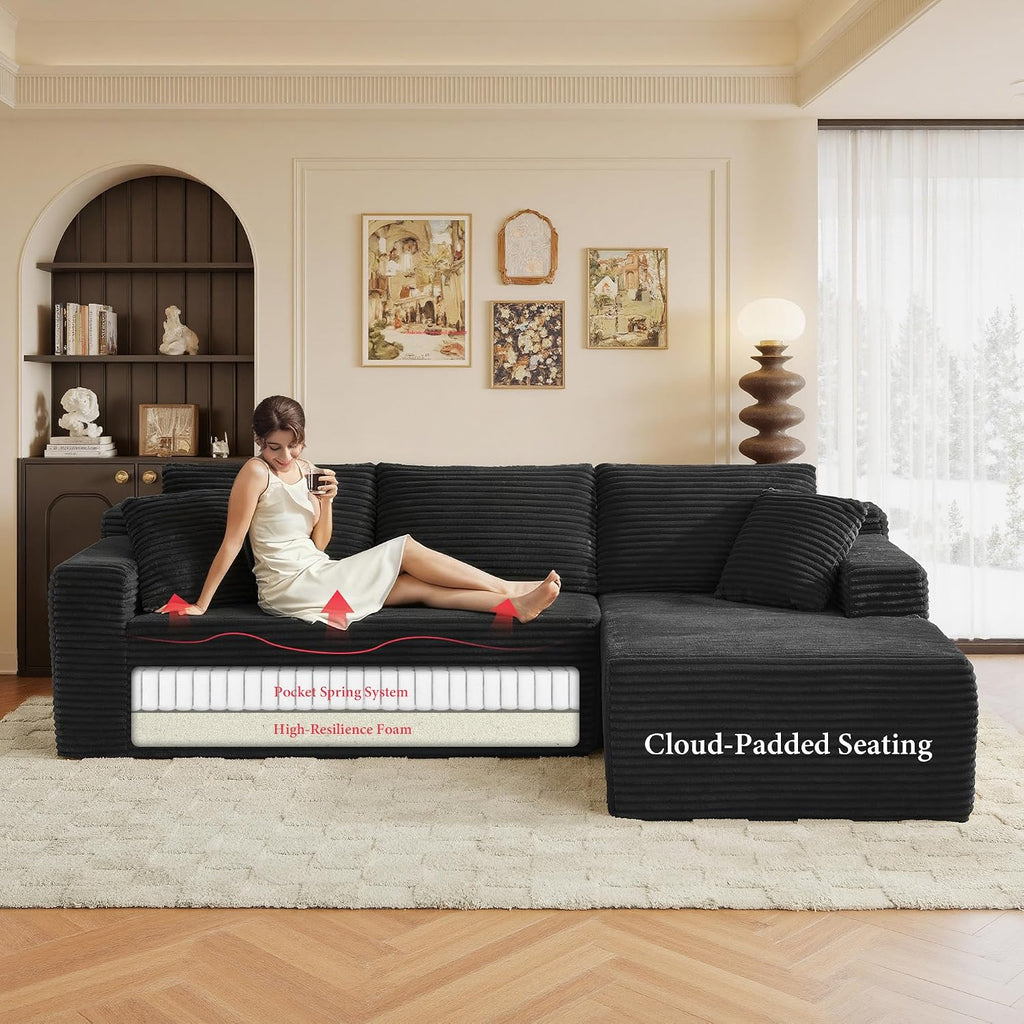 96' Sectional Couches for Living Room Cloud Couch Sofa with L-Shape Upholstered Boneless Couchs Modern Modular Sectional Couch with Chaise (Black, 95' W+Right Facing Chaise+2Seaters)