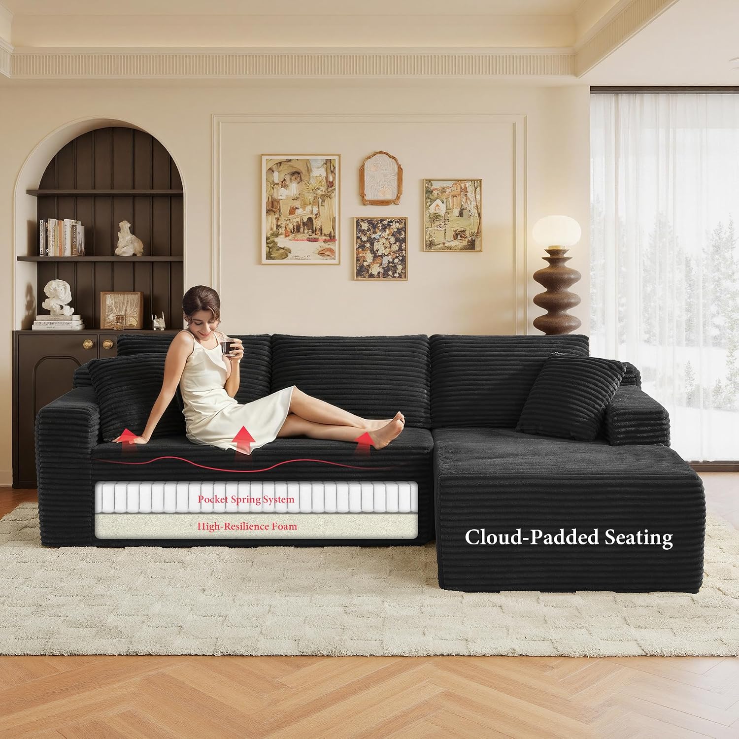 96' Sectional Couches for Living Room Cloud Couch Sofa with L-Shape Upholstered Boneless Couchs Modern Modular Sectional Couch with Chaise (Black, 95' W+Right Facing Chaise+2Seaters)